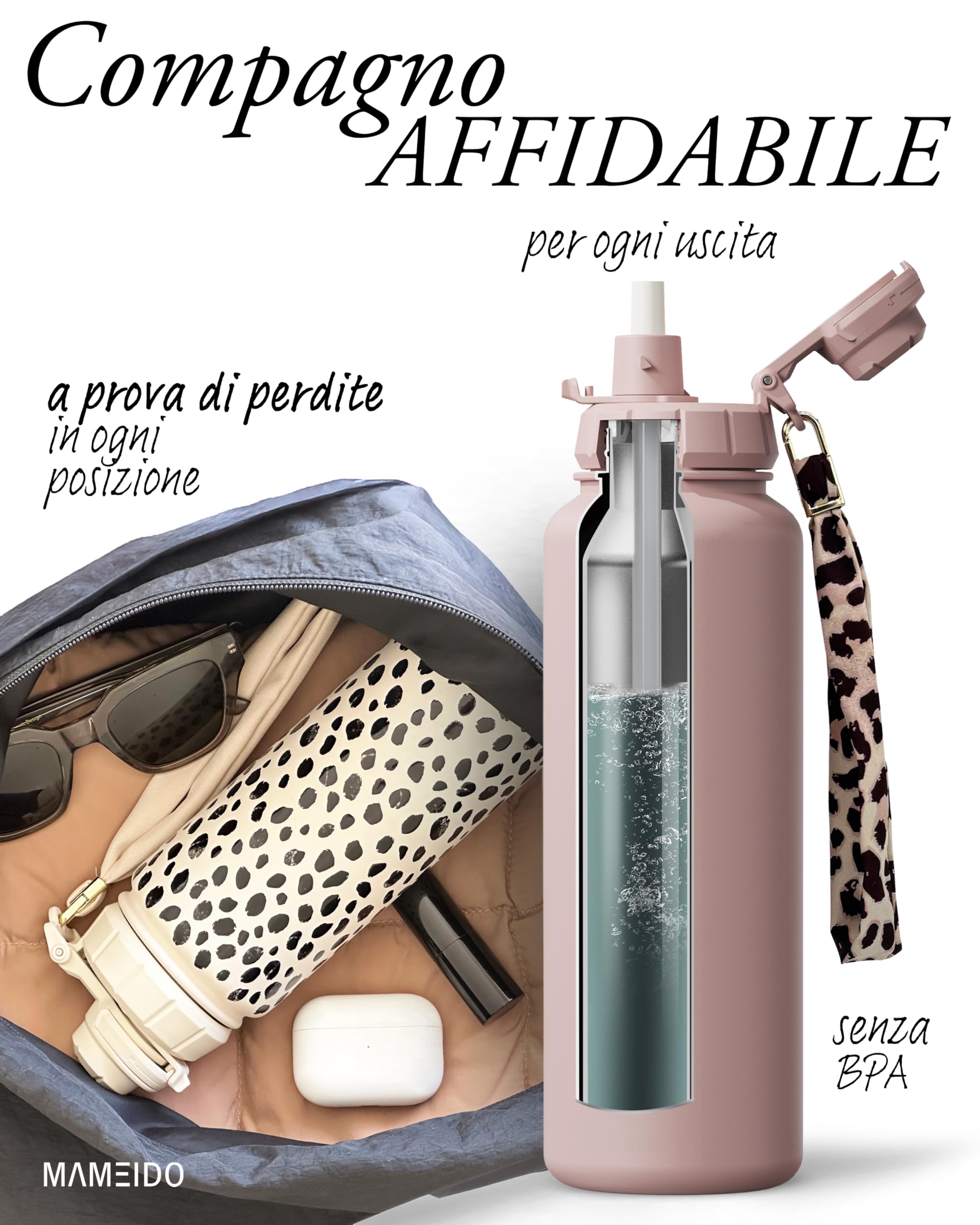 MAMEIDO Borraccia Termica con Cannuccia 1,2 l, Termo Isolata senza Perdite, Thermo per Bevande Calde, Senza BPA, Borracce Termiche Inox Palestra (Powder Blush)