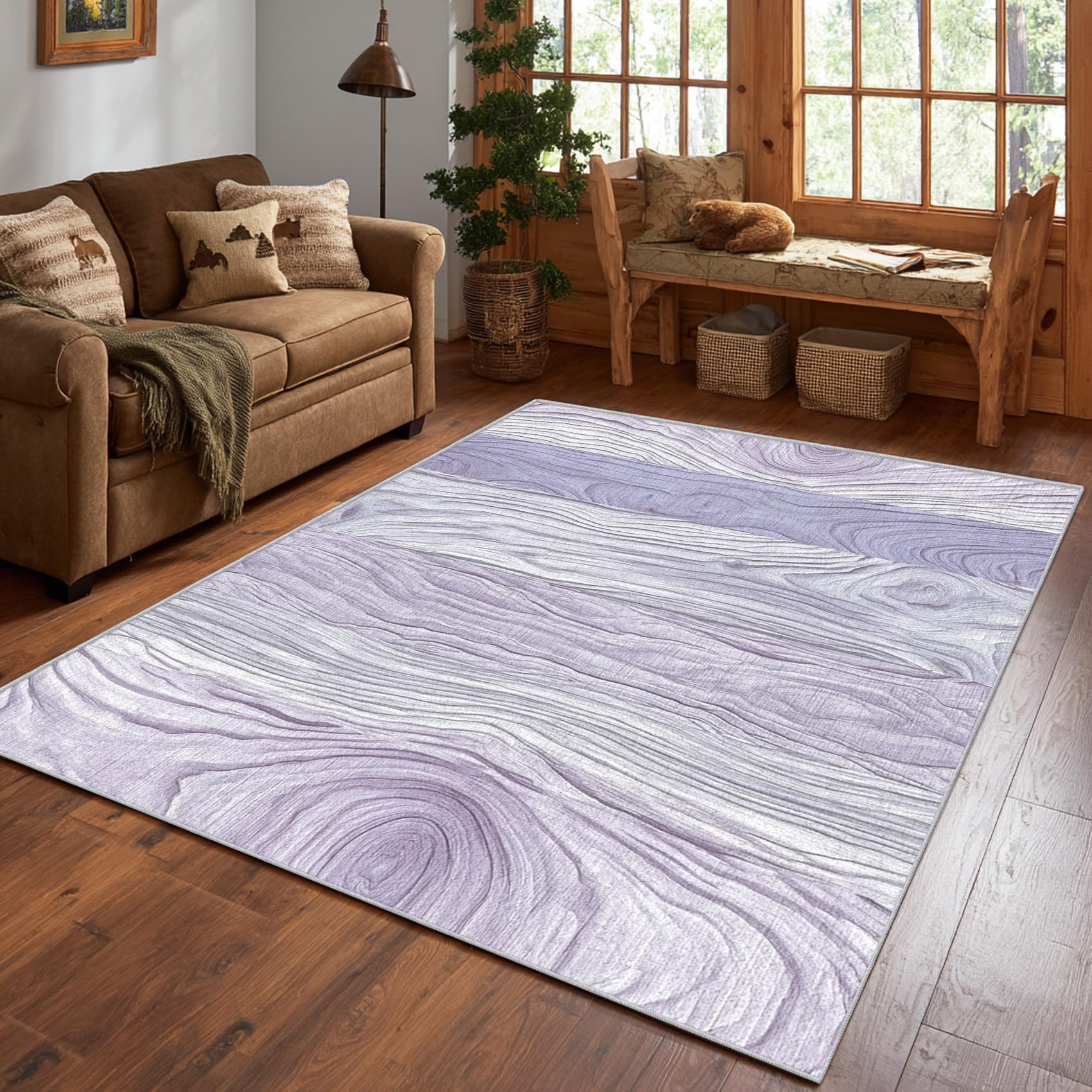 Tapis lavable motif bois violet et antidérapant pour chambre