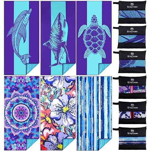 6 Pack Microfiber Oversized Lightweight Beach Towel 71"x32" Extra Thin Large Sand Free Towels Travel Swim Pool Yoga Gym for Adults Women Men Beach Essentials Accessories Vacation Gift