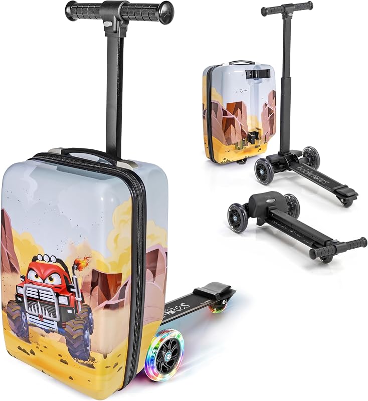 Equipaje de scooter desmontable 4 en 1 para niños – valija de paseo con cuerpo de equipaje extraíble, manillar ajustable, plataforma y freno duraderos, tamaño de equipaje de mano – Viajes y juegos