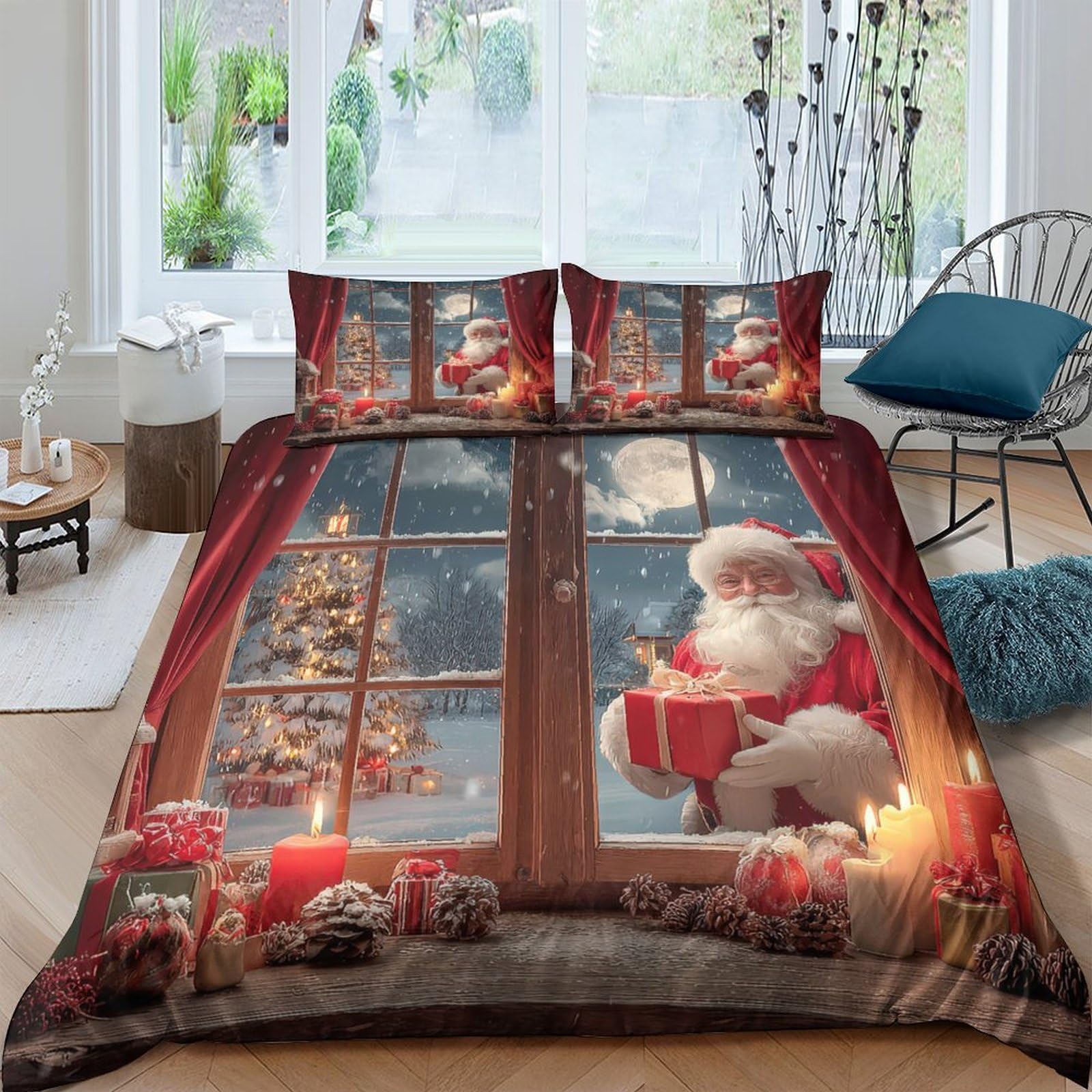 Ctjqhvkz Style-8 3D Printed Christmas Window Fitted Sheet Microfiber Red Santa Claus Bed Cover For Bedroom Guestroom Mattress Protection Single（135X200cm）
