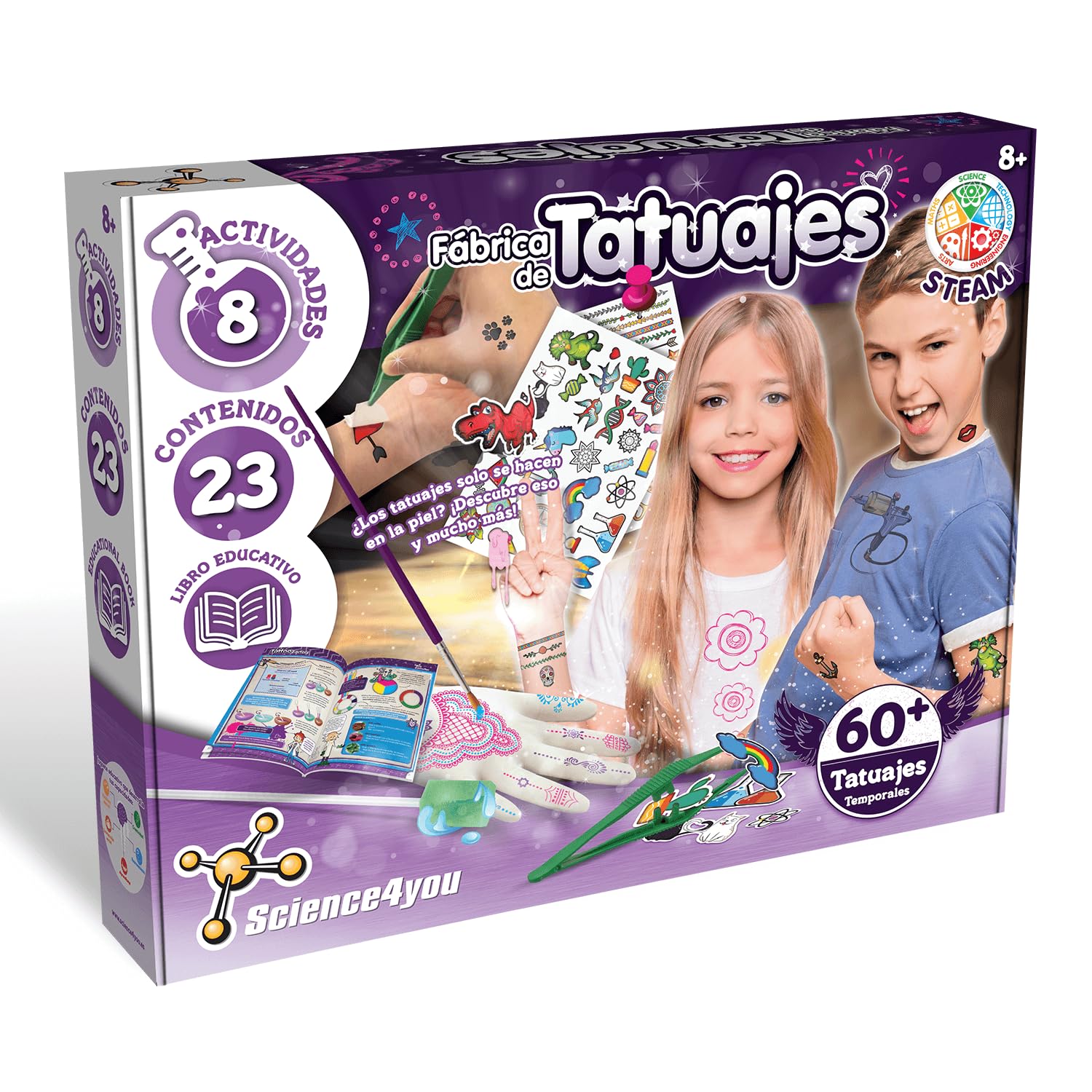 Science4you Fábrica De Tatuajes Temporales Para Niños +8 Años – 8 Experimentos Con Ingredientes Naturales – Haz 60 Tatuajes – Libro Educativo En 7 Idiomas – STEAM
