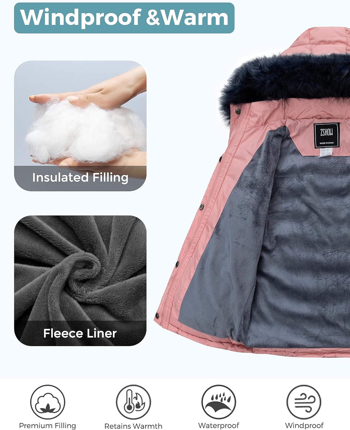 ZSHOW Girls' Puffer Jacket Soft Fleece Lined Warm Hooded Winter Coat - Image 4