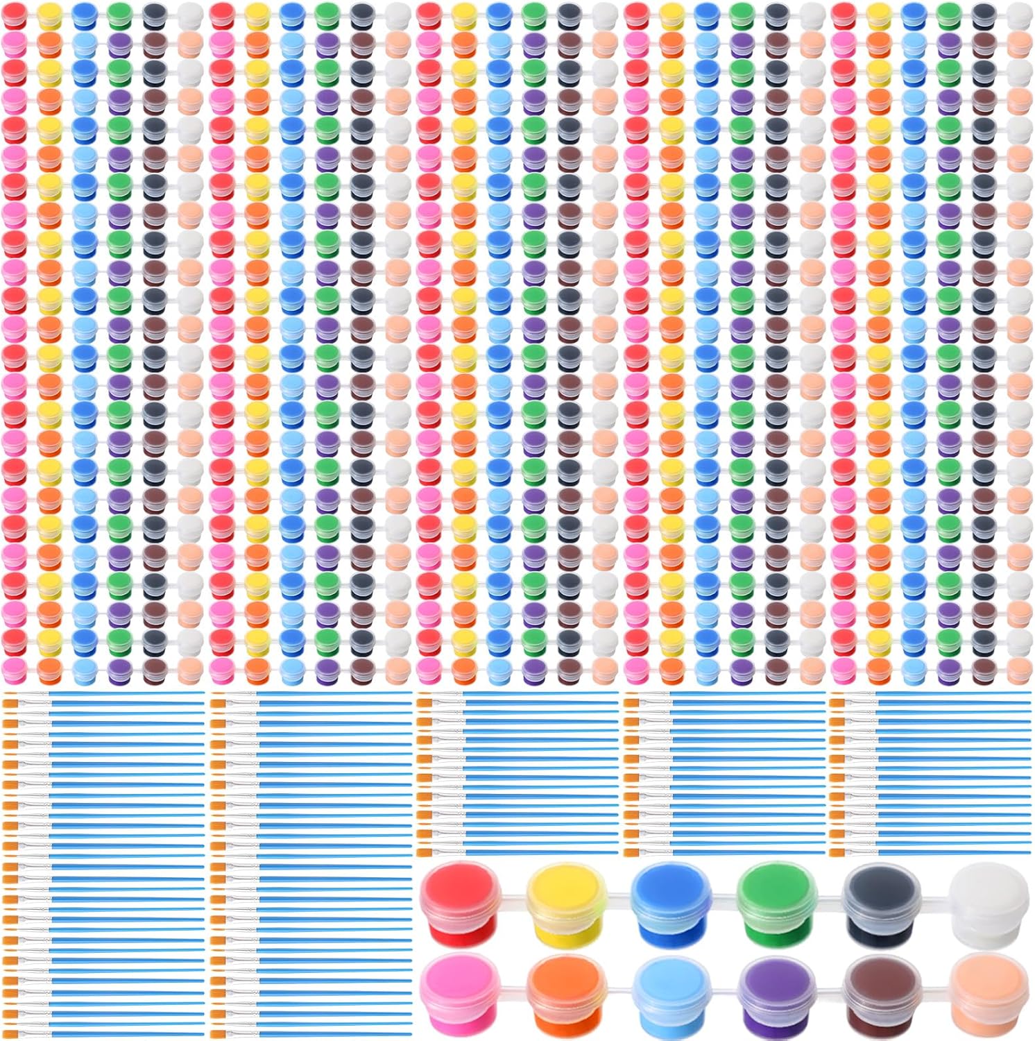 Qilery 840 Pcs Mini Acrylic Paint Set 60 Set 12 Colors Washable Paint Strips 60 Pcs Flat Brushes 60 Pointed Brushes for Arts Crafts Birthday Party Favors(2 ml)