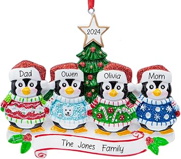 Personalized Ugly Christmas Sweater Family of 4 Ornament 2026 - Free Customization | Customized Xmas Tree Decoration | First Christmas as Family of Four Penguins Keepsake - Custom Name & Year