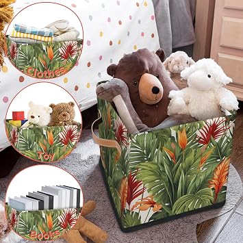 Floral Tropical Botanic Flowers Leaves 11 In Cube Storage Bin Fabric Storage Cubes Organizer, 2 Pack Foldable Decorative Cube Basket for Organizing, Closet, Shelves