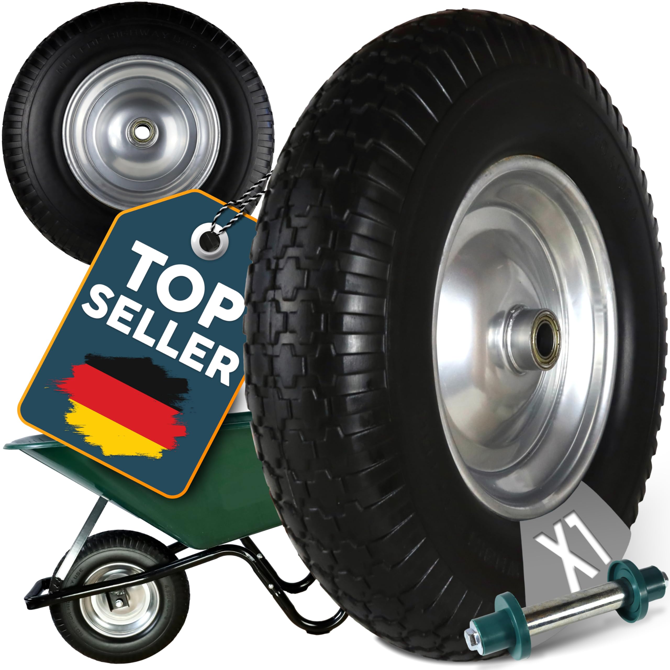FROSAL PU Schubkarrenrad 400 mm pannensicher – Ersatzrad 4.80/4.00-8 mit 20 mm Achse – Ø ca. 380–400 mm, Breite ca. 100 mm, Stahlfelge silber mit Kugellager