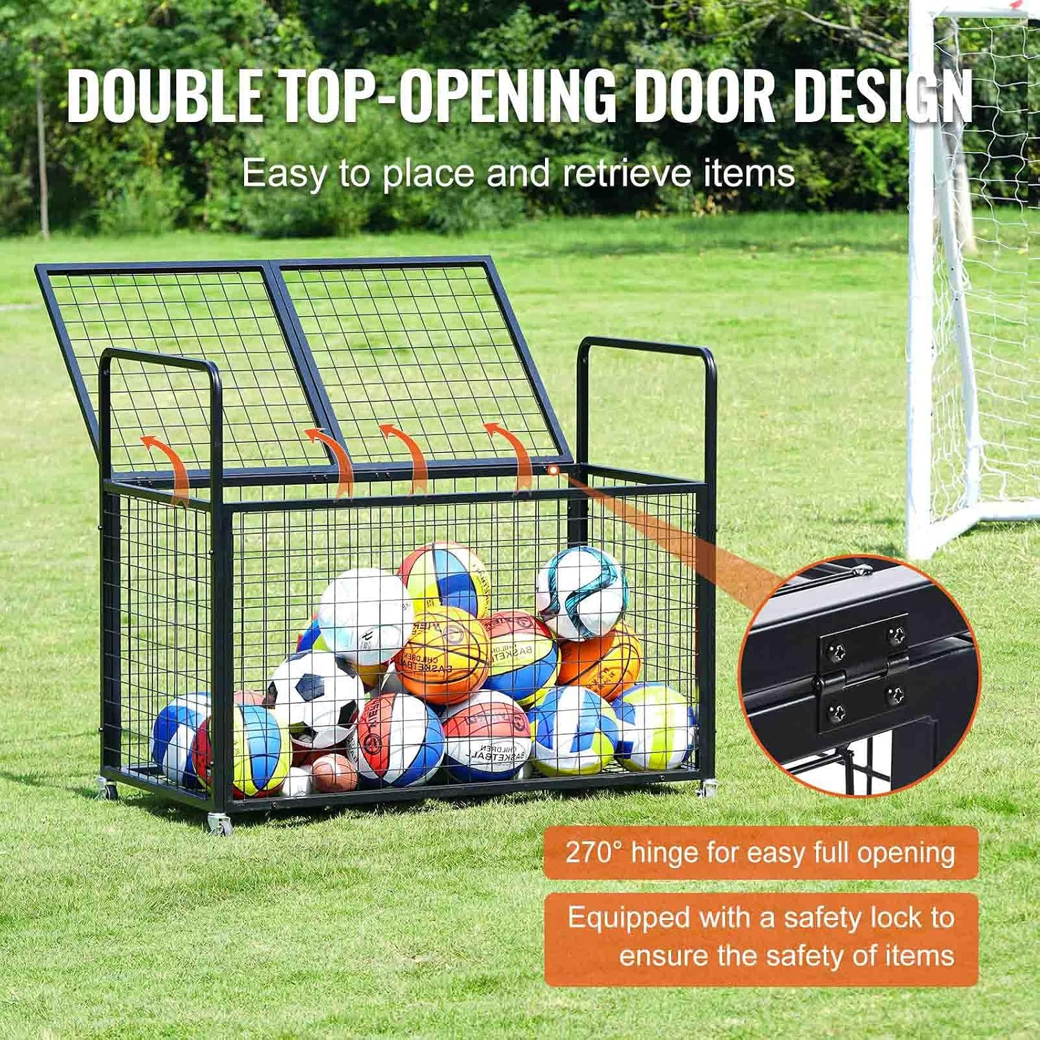 Rolling Sports Ball Storage Cart with Lockable Double Lids, Heavy-Duty Basketball Storage Rack, Indoor/Outdoor Basketball Storage Box, Gym/Garage/School Sports Equipment Holder Organizer