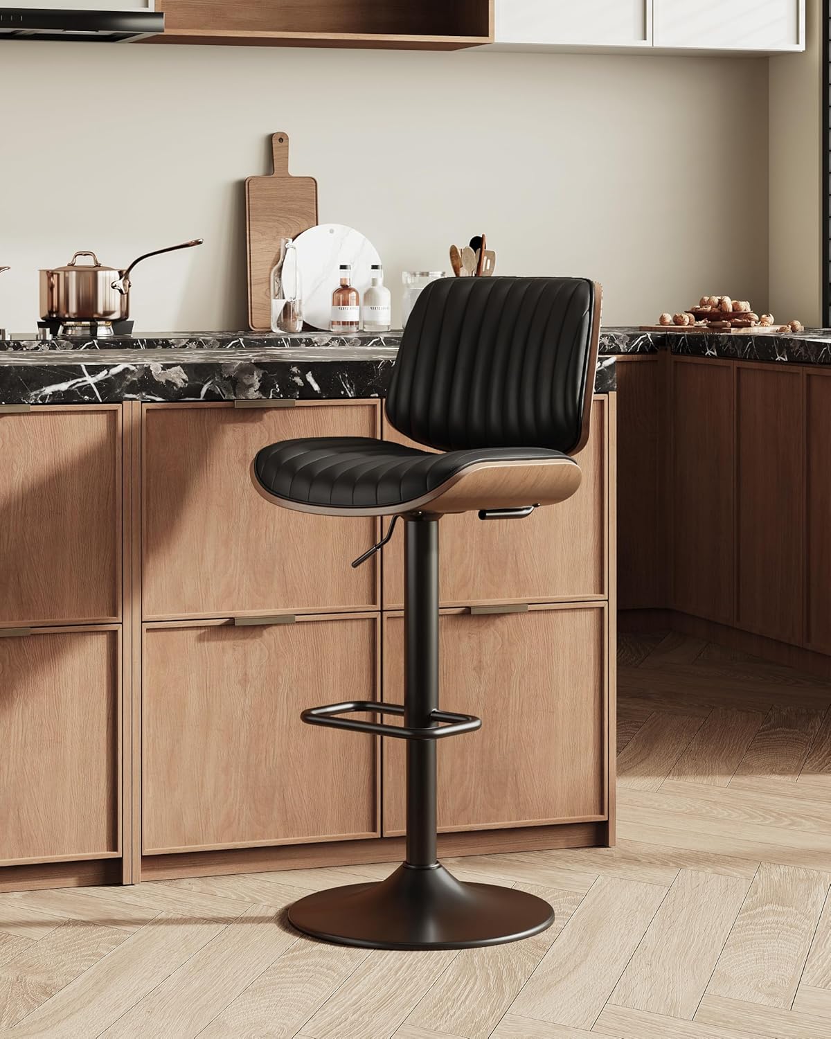 Bar Stools Set of 1, Adjustable Modern Swivel Bar Chairs 26-34.5inch with Footrests, Faux Leather Counter Height Barstools for Bar, Kitchen, Dining Room, Black