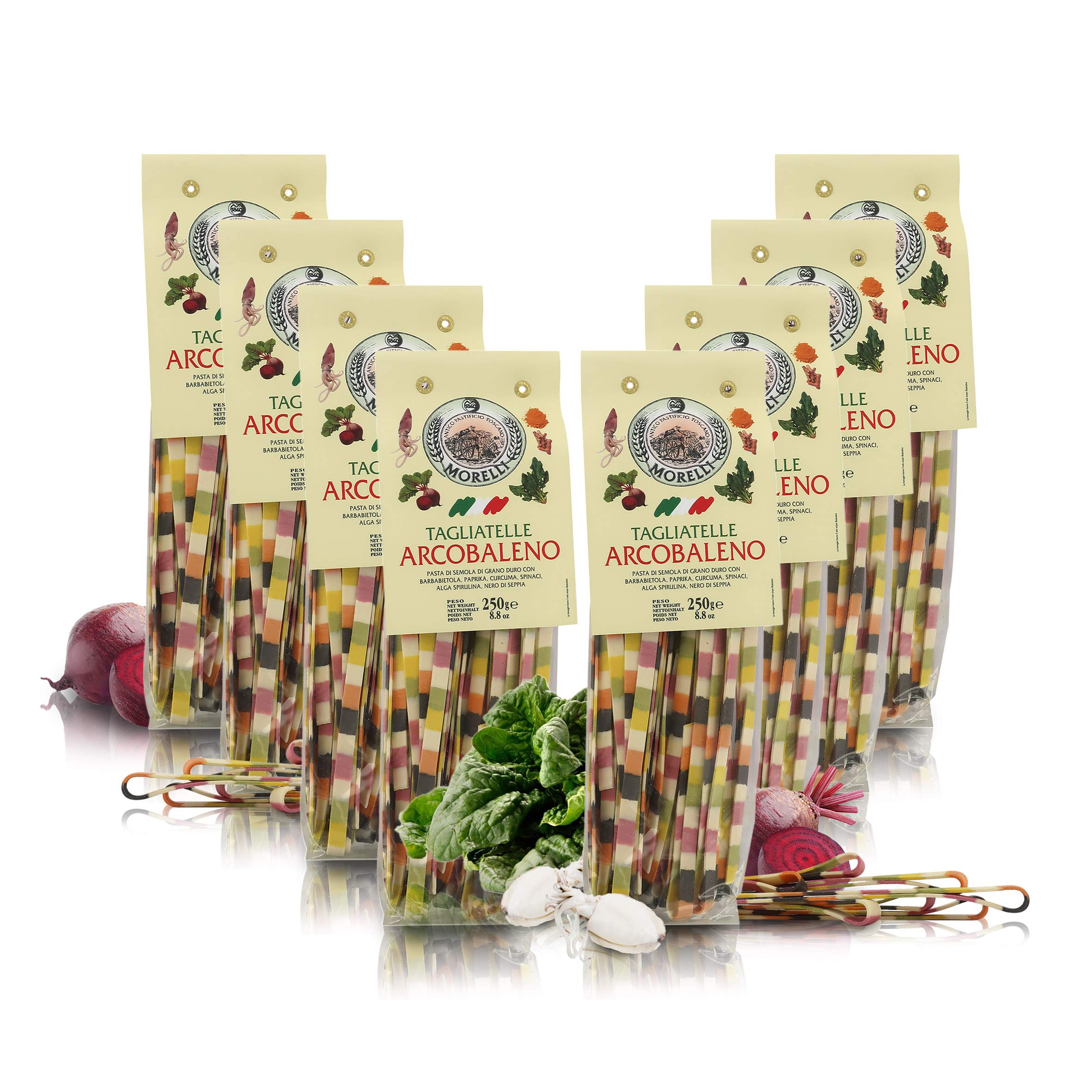 Tagliatelle Arcobaleno, Pasta Colorata, 8 Confezioni Da 250 Grammi