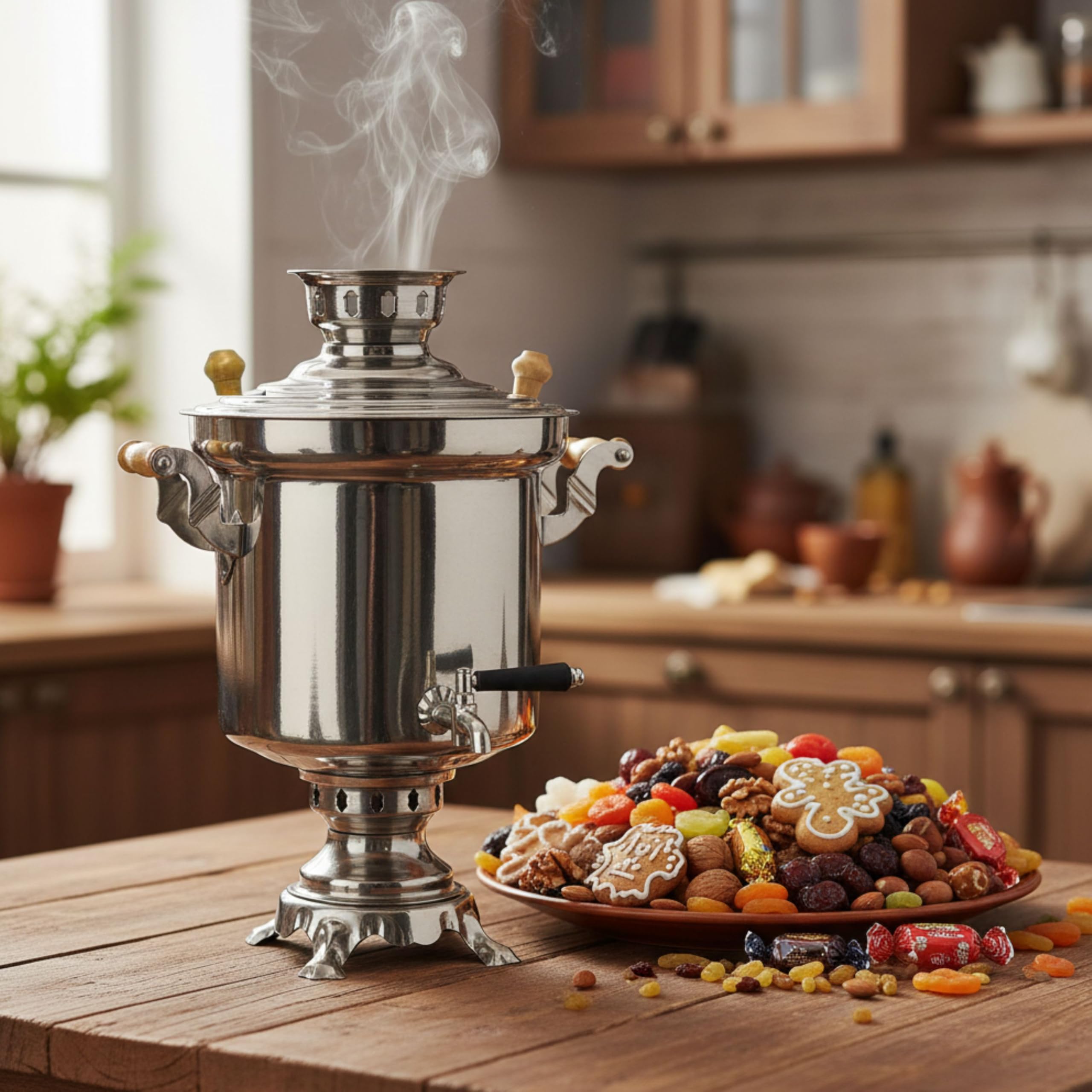 Samowar 5 L aus Edelstahl mit Schornstein Holzkohle Русский самовар на дровах Charcoal Tea Maker with Chimney Rohr Russischer Samovar