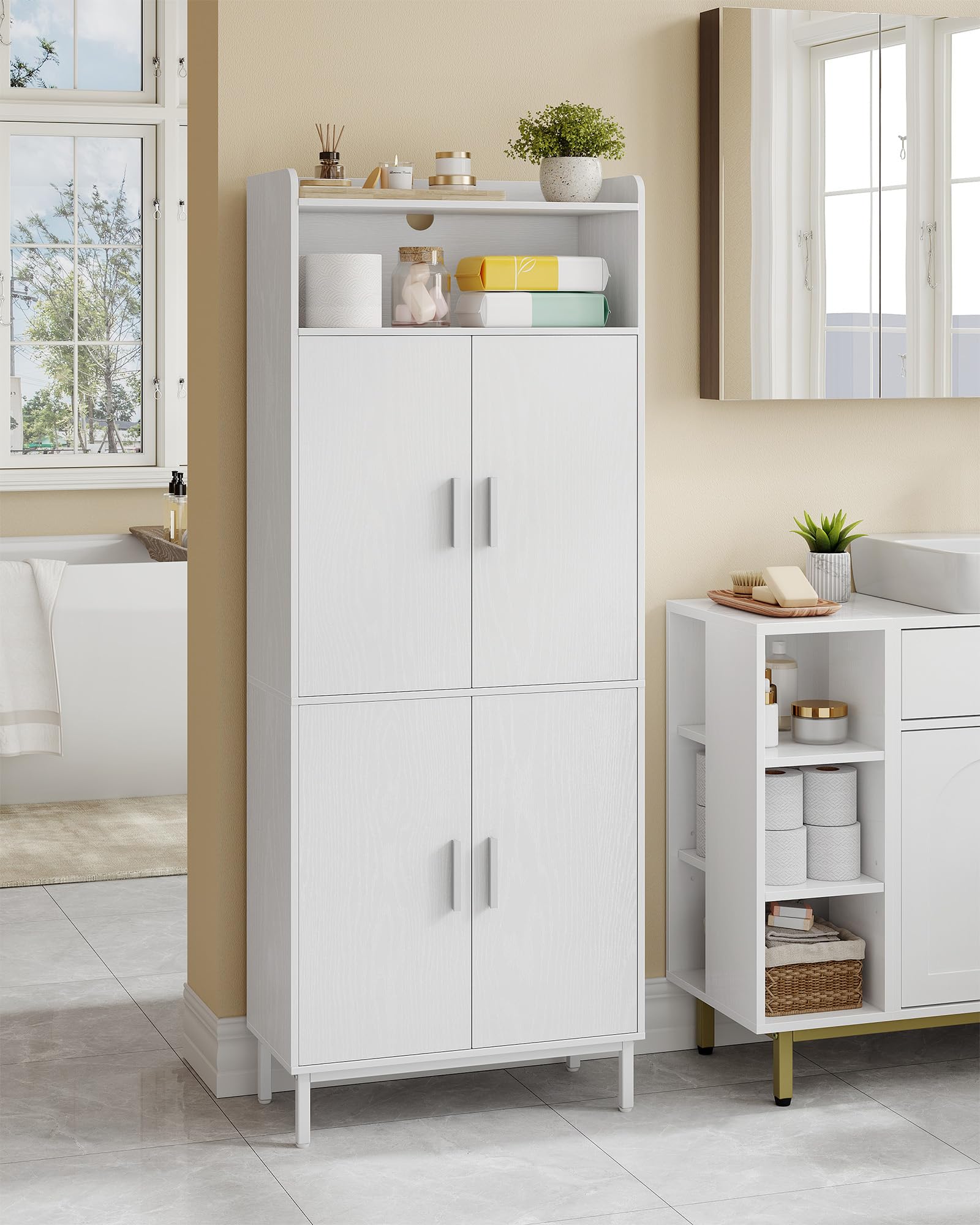Hzuaneri Badezimmerschrank mit 4 Türen und 1 offener Bereich | Badschrank mit Verstellbare Ablage, Aufbewahrungsschrank, Badezimmer, Wohnzimmer, 30 x 60 x 160 cm, Weiß SC45713W