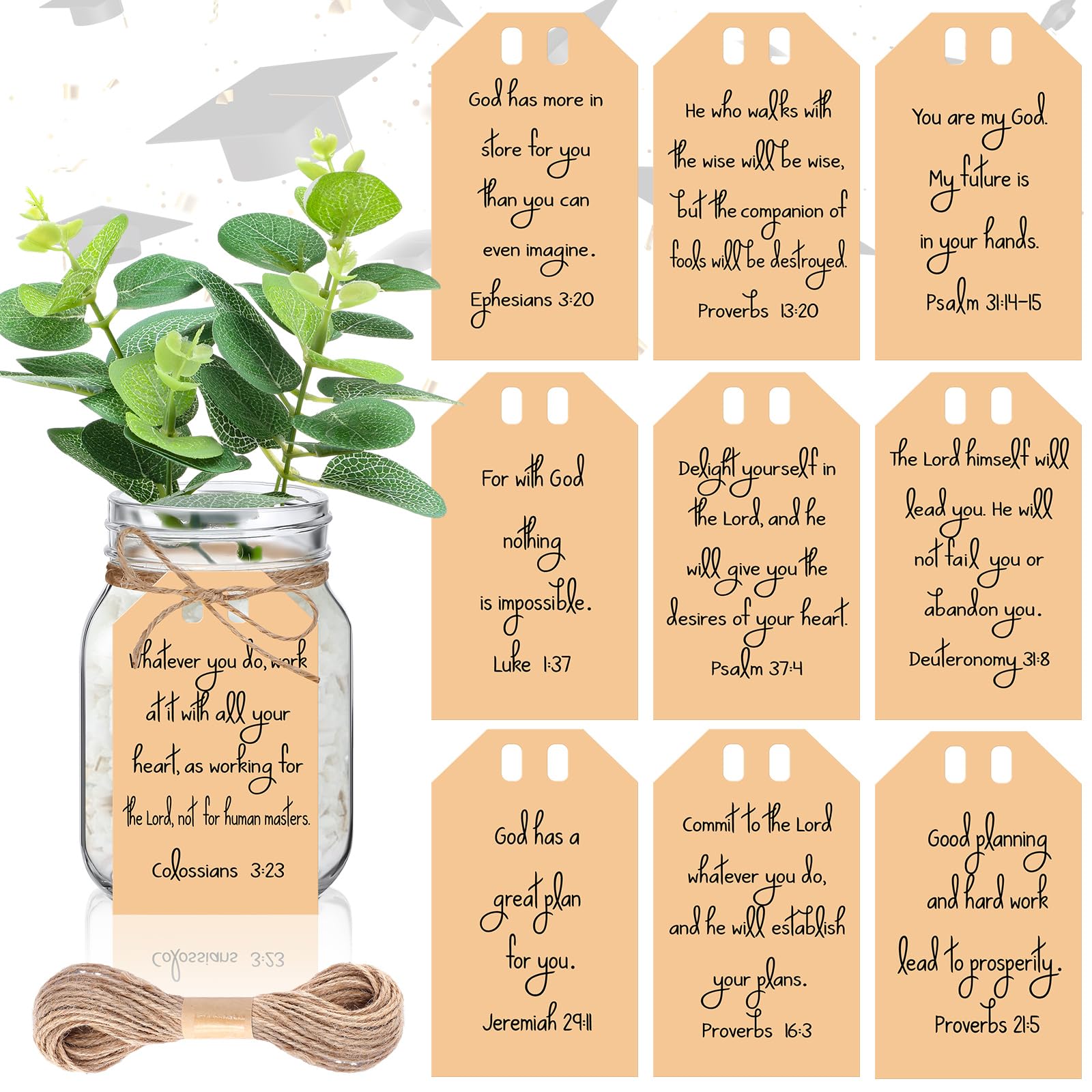 Photo 1 of 10 Pcs Christian Bible Verse Tags Graduation Gift Tags with String Graduation Centerpieces for Mason Jars Party Favor Decorations DIY Crafts Bible Gifts, 3.5 Inch