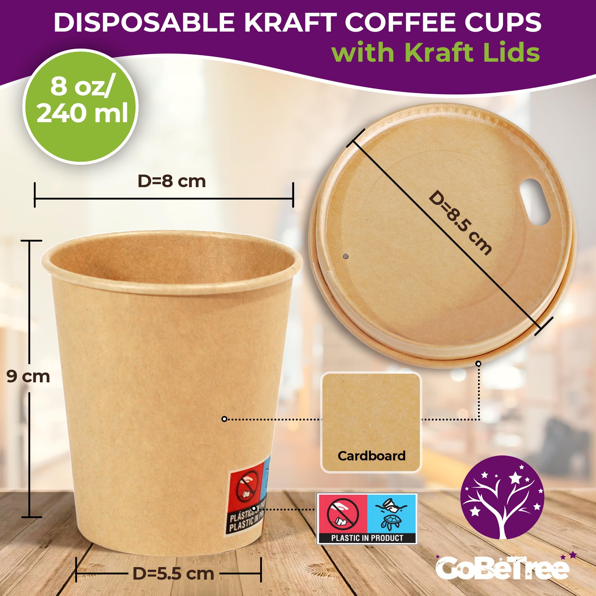100 szt. jednorazowych kubków kraft 240 ml / 8 uncji z papierowymi pokrywkami, jednorazowe kubki kartonowe kraft do amerykańskiej kawy, latte i napoje gazowane na wynos