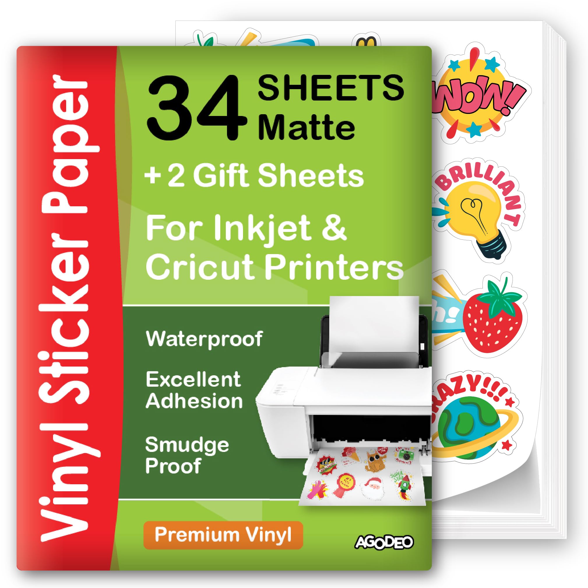 Premium Printable Vinyl Sticker Paper for Inkjet Printer - 34 Sheets Self-Adhesive Sheets Matte White Waterproof, Dries Quickly Vivid Colors, Holds Ink Well - Tear Resistant