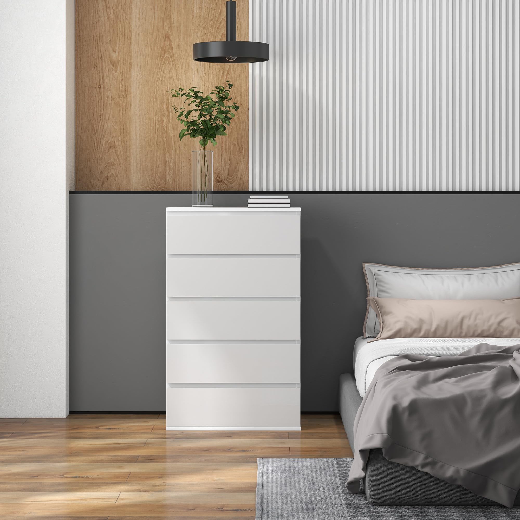 HOMCOM Commode 5 tiroirs, Meuble de Rangement étroit sans poignées, chiffonnier, Style Moderne, Commode pour Chambre à Coucher, Salon, Couloir, 60 x 39 x 100 cm, Blanc
