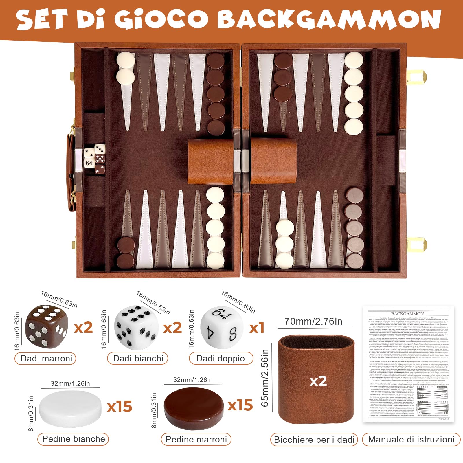 Set Backgammon, Set di Backgammon Classico per 2 Giocatori, Gioco di Strategia da Viaggio Portatile (18 pollici, Marrone)