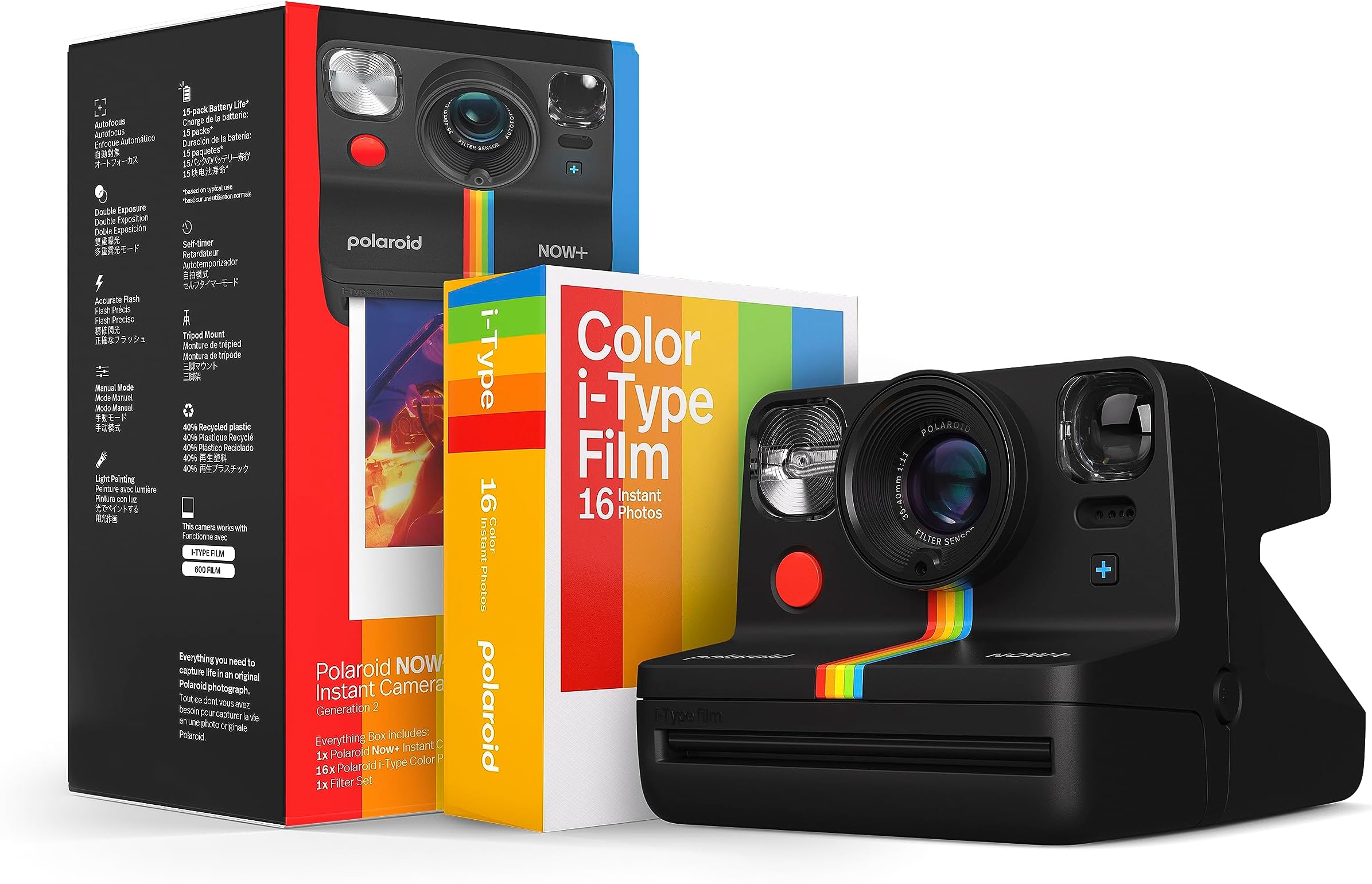 Now+ Generation 2 - Camera + Film Bundle (16 Photos Included) - Black - Bluetooth Connected App Controlled Instant Film Camera-6250