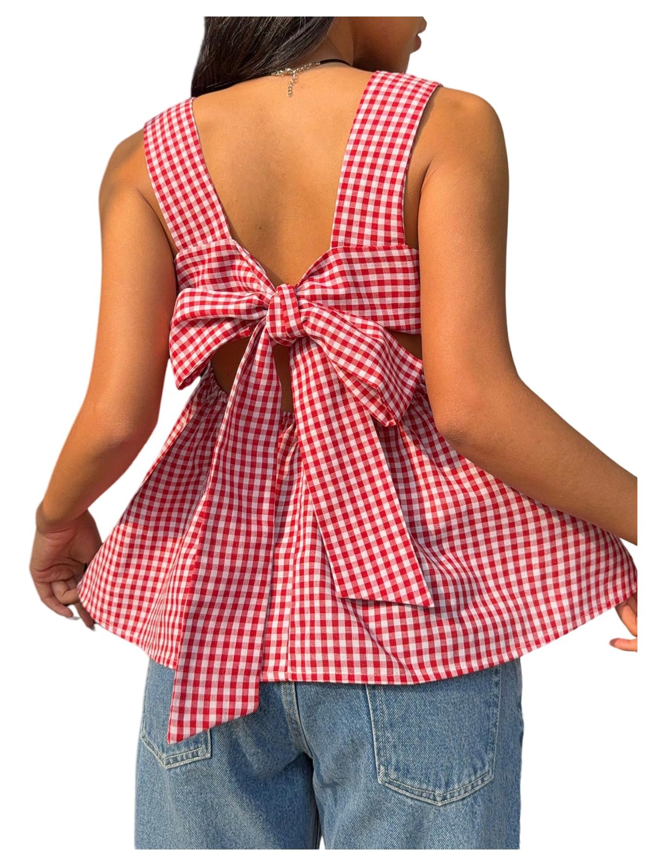WDIRARA Women's Gingham Plaid Bow Knot Back Tank Top Square Neck