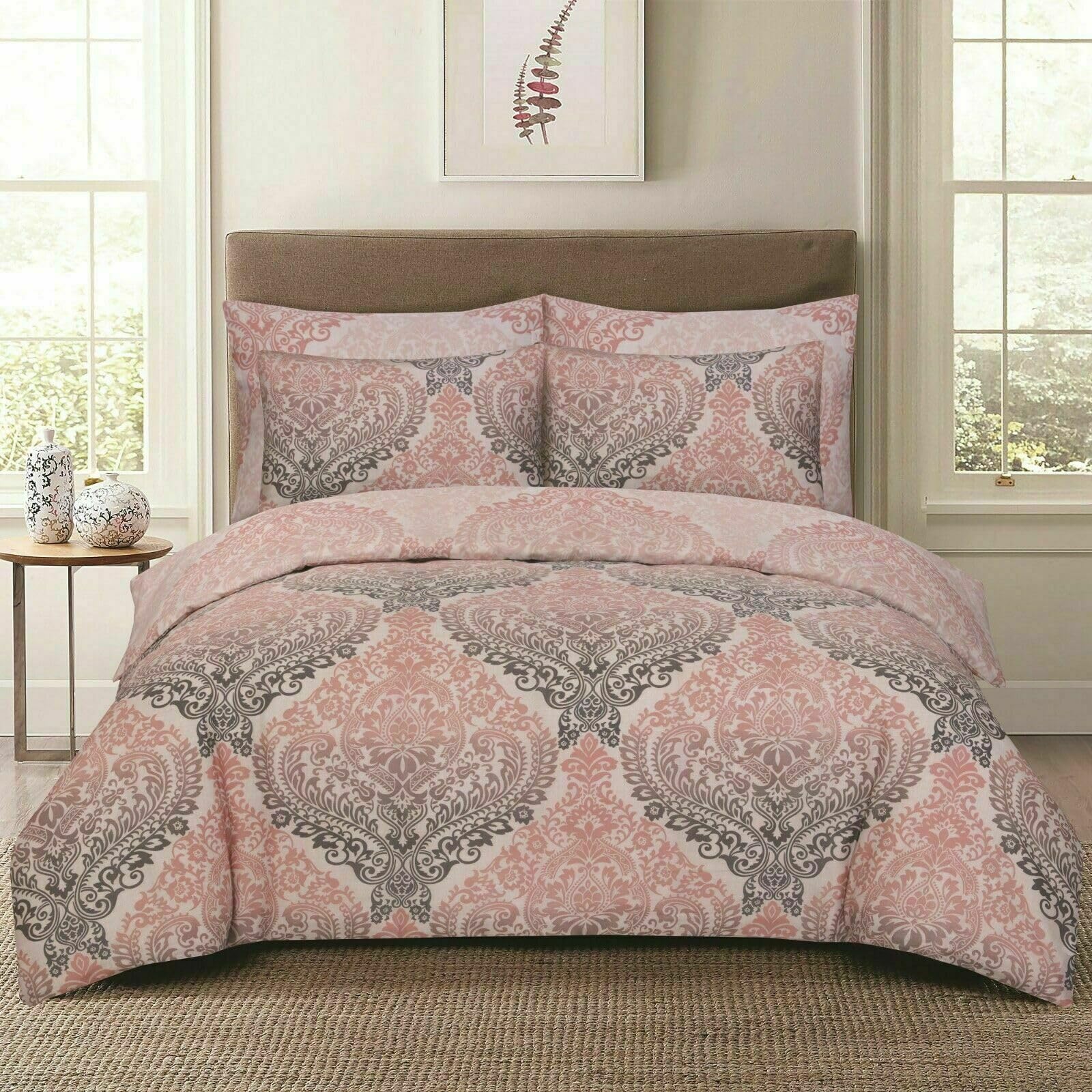 SHAZ HOME Classic Designers 3PCs Luxury Cotton Rich Duvet Cover Soft Bedding Set with Matching Pillow Covers (Damask Pink, Super King)