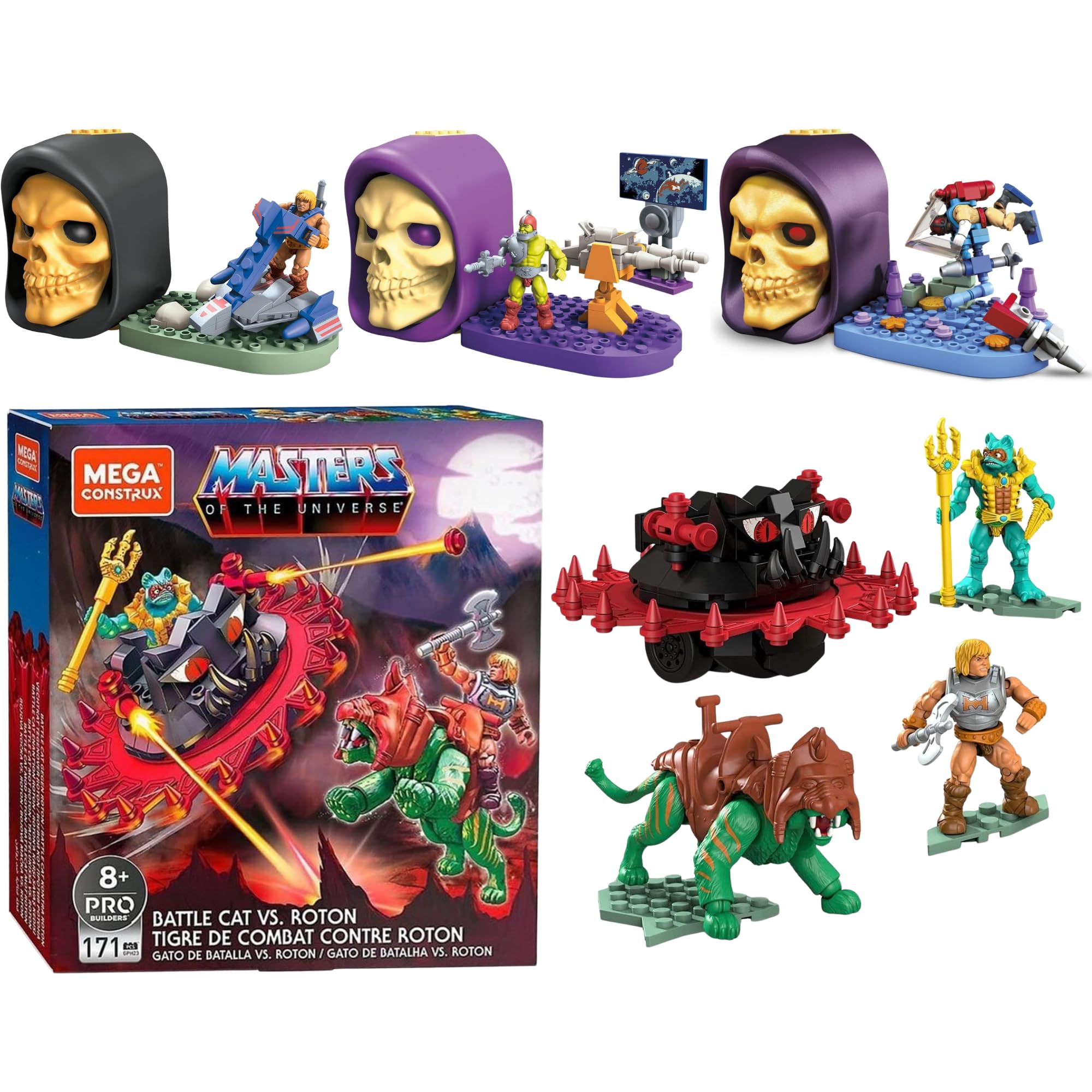 Mega Construx Masters of The Universe - Childrens Building Skull Kit - (Mega 4 Piece Set All 3 Skulls & Battlecat Playset)