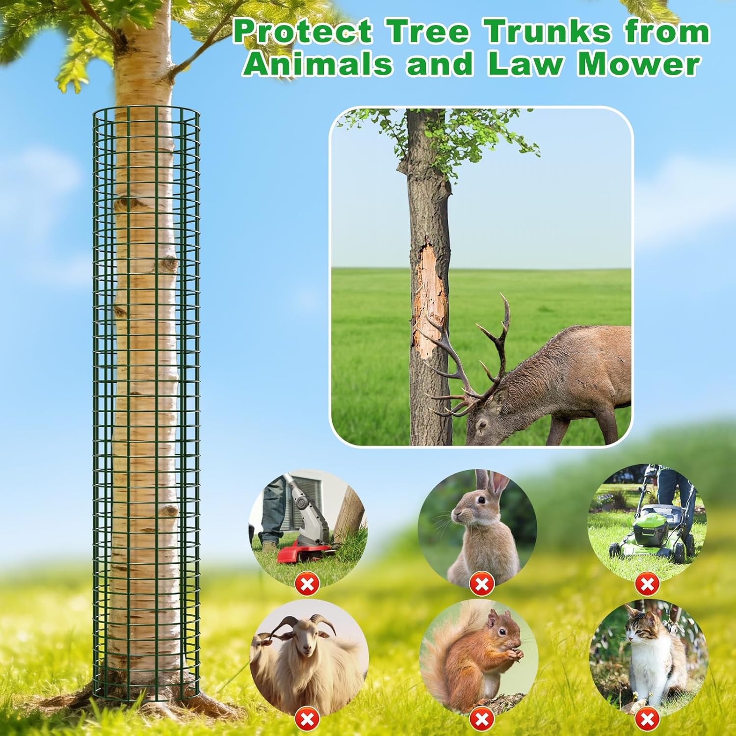 48 Inch Tree Trunk Protector, 8 Pcs Metal Mesh Tree Guards Trunk Protector with Glove, Metal Stakes and Zip Ties, Expandable Plant Bark Protection from Deer Animals Mowers Trimmers