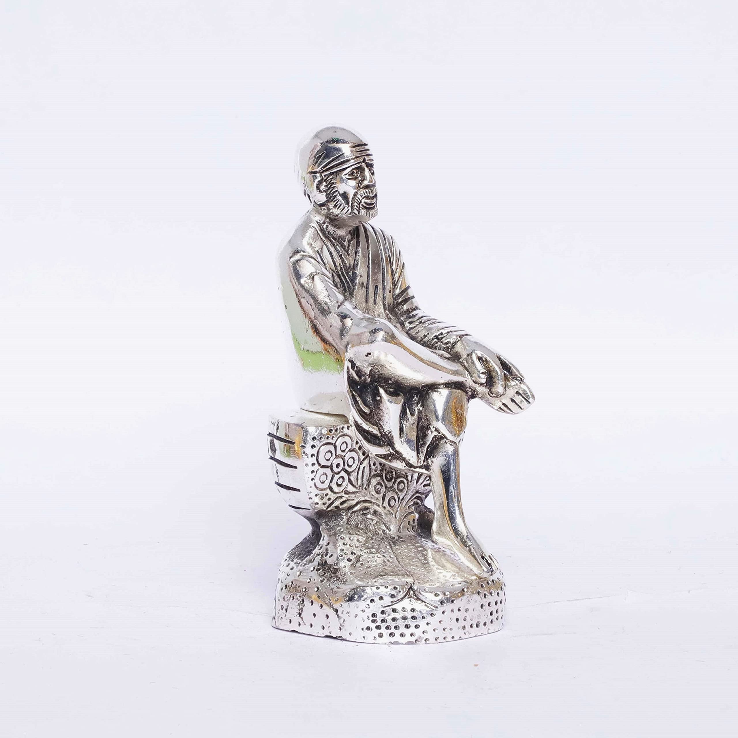 Prince Home Decor & Gifts Silver Plated Oxidized Shirdi Sai Baba Sitting on Shila Metal Statue (Silver, Standard Size) - Image 5 thumbnail