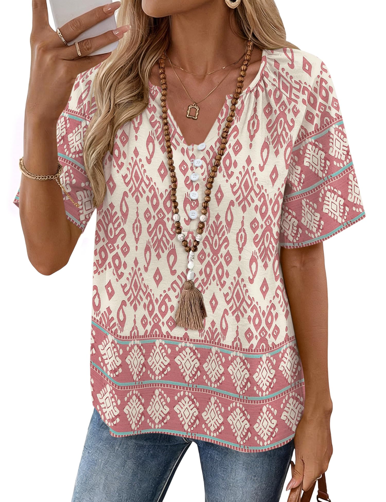 Rapbin Womens Summer Boho Tops Casual Short Sleeve Blouses Button Down Shirts 2026 Beach Vacation Clothes — view 9