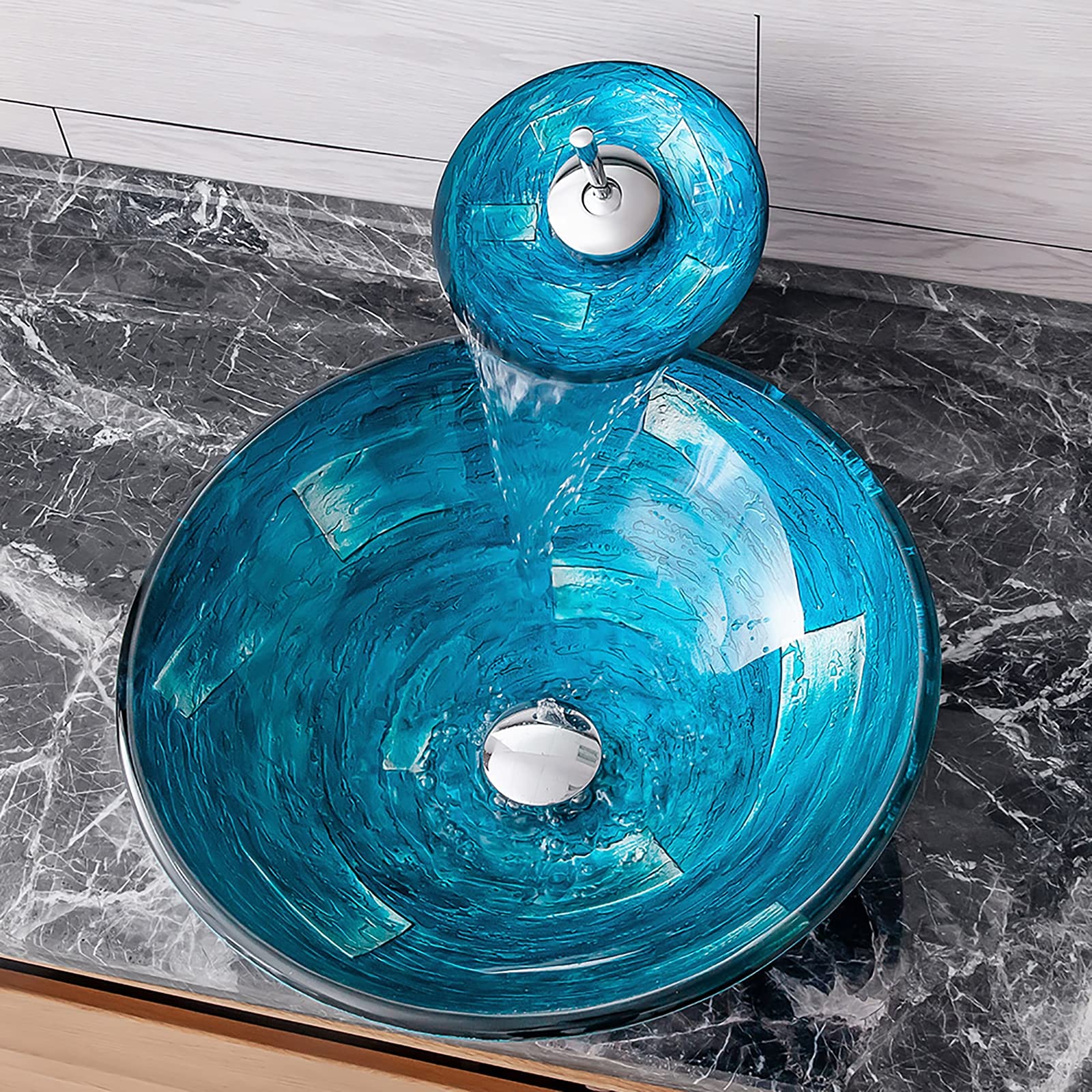 Lavandino da appoggio per Il Bagno, lavabo da appoggio Rotondo in Vetro temperato, lavabo da appoggio Blu, lavabo da appoggio Artistico con Scarico a Scomparsa