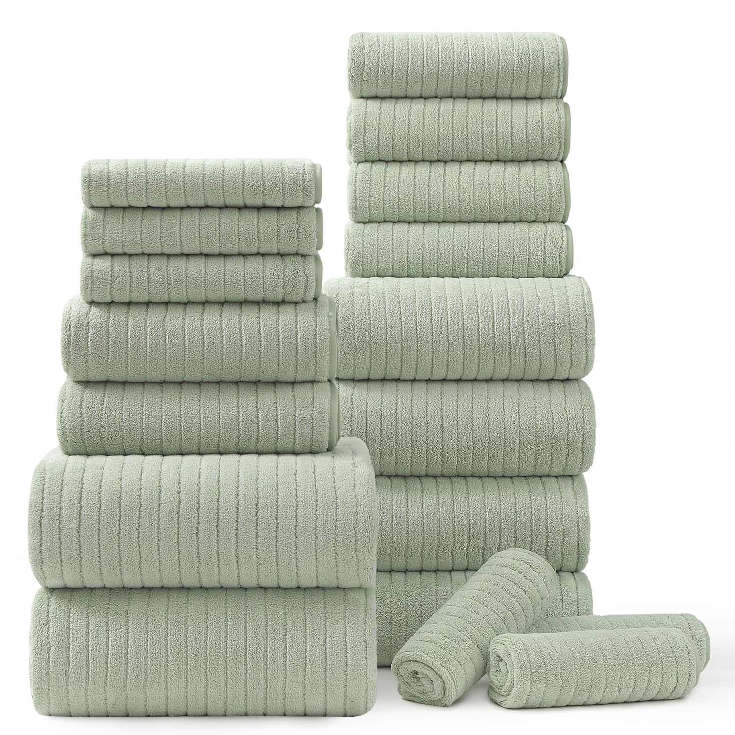 18 Piece Bath Towels Set,Super Soft Family Bathroom Towel Set with Hanging Loops-6 Bath Towels,6 Hand Towels,6 Washcloths,Highly Absorbent Quick Dry
