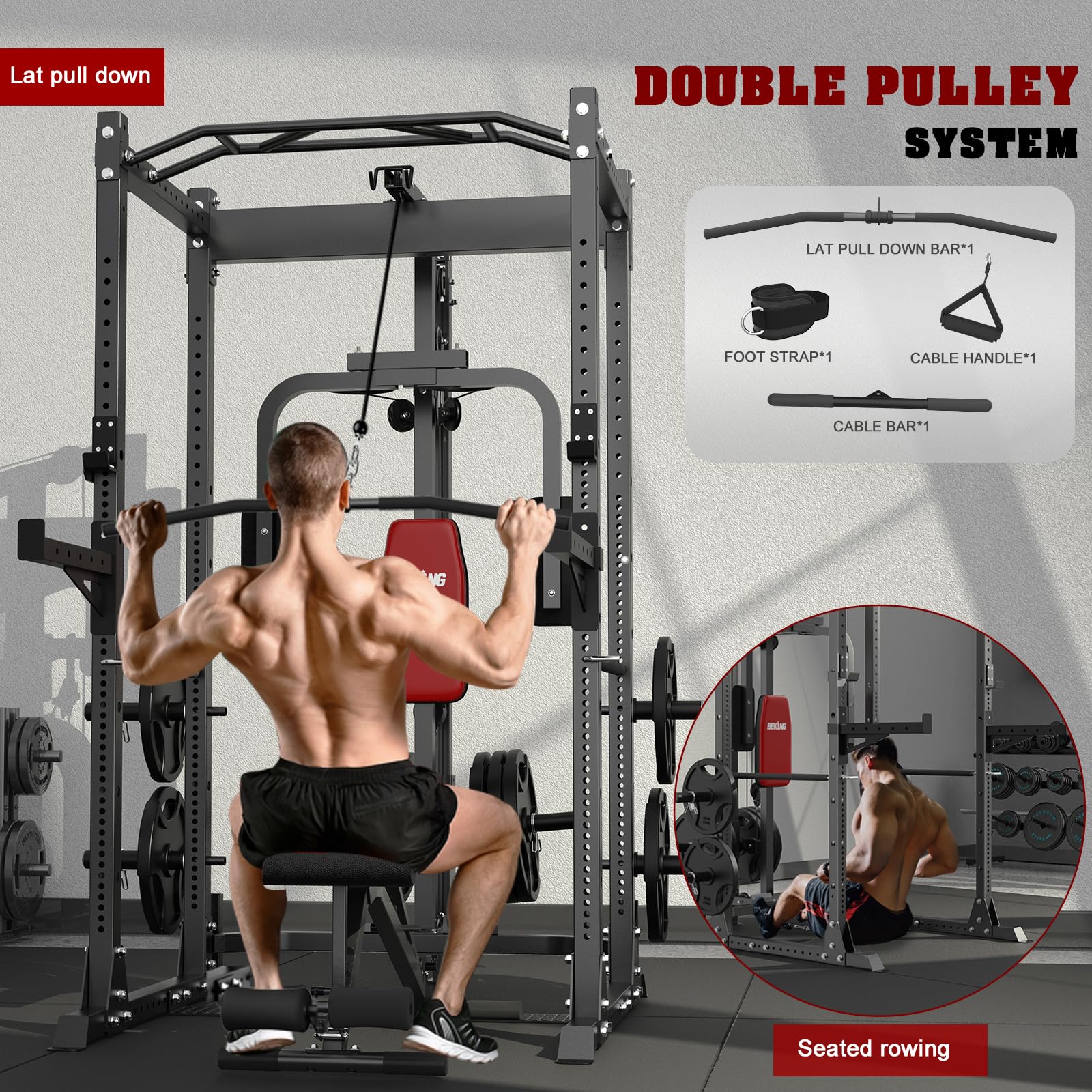 BEKING Power Cage, 2000LBS Power Squat Rack with LAT Pulldown, 2.36