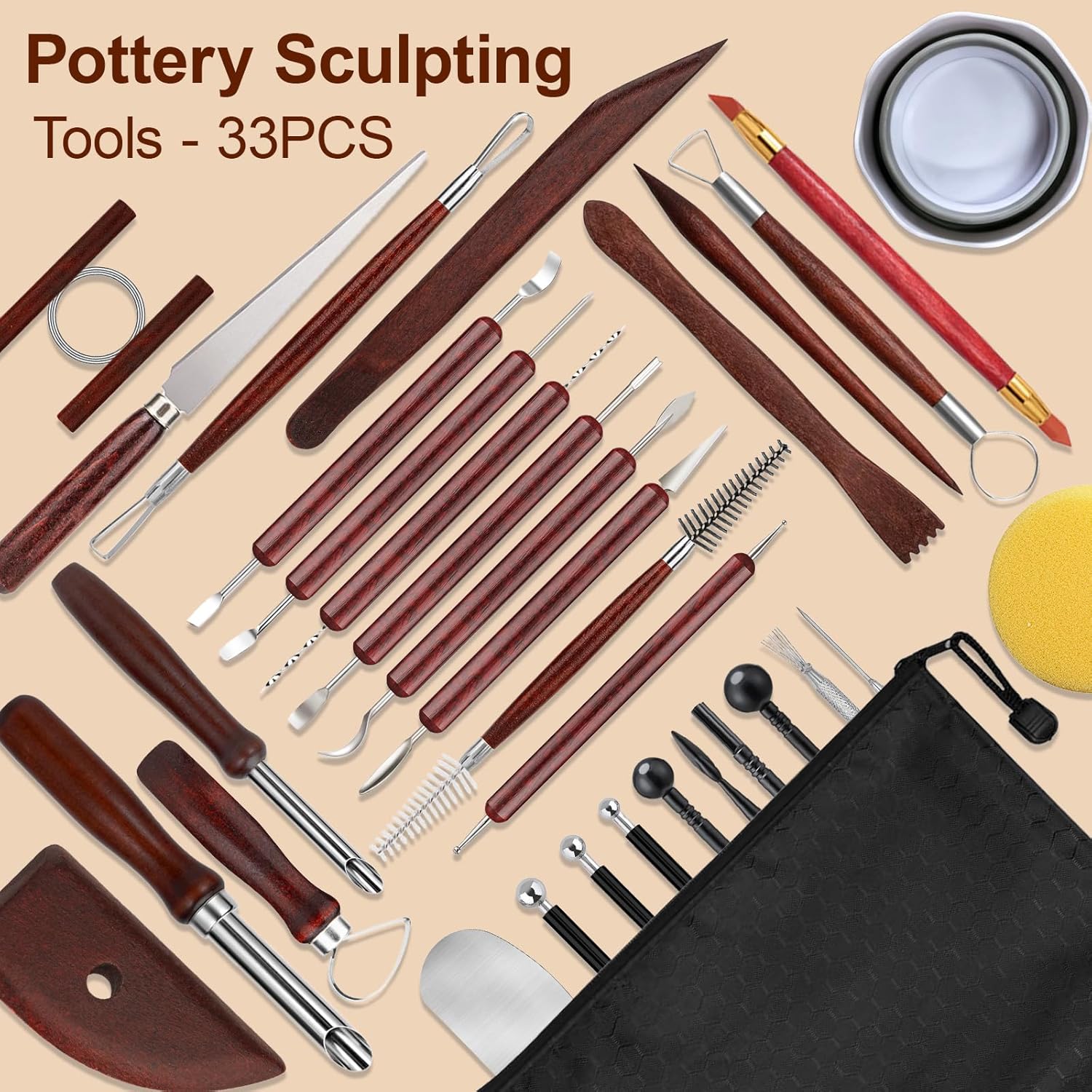 DRAWLEX Pottery Tools, Clay Sculpting Tools, Wooden Modeling Clay Tools, Double-Ended Stainless Steel Clay Carving Tool for Modeling, Trimming, Molding, Shaping