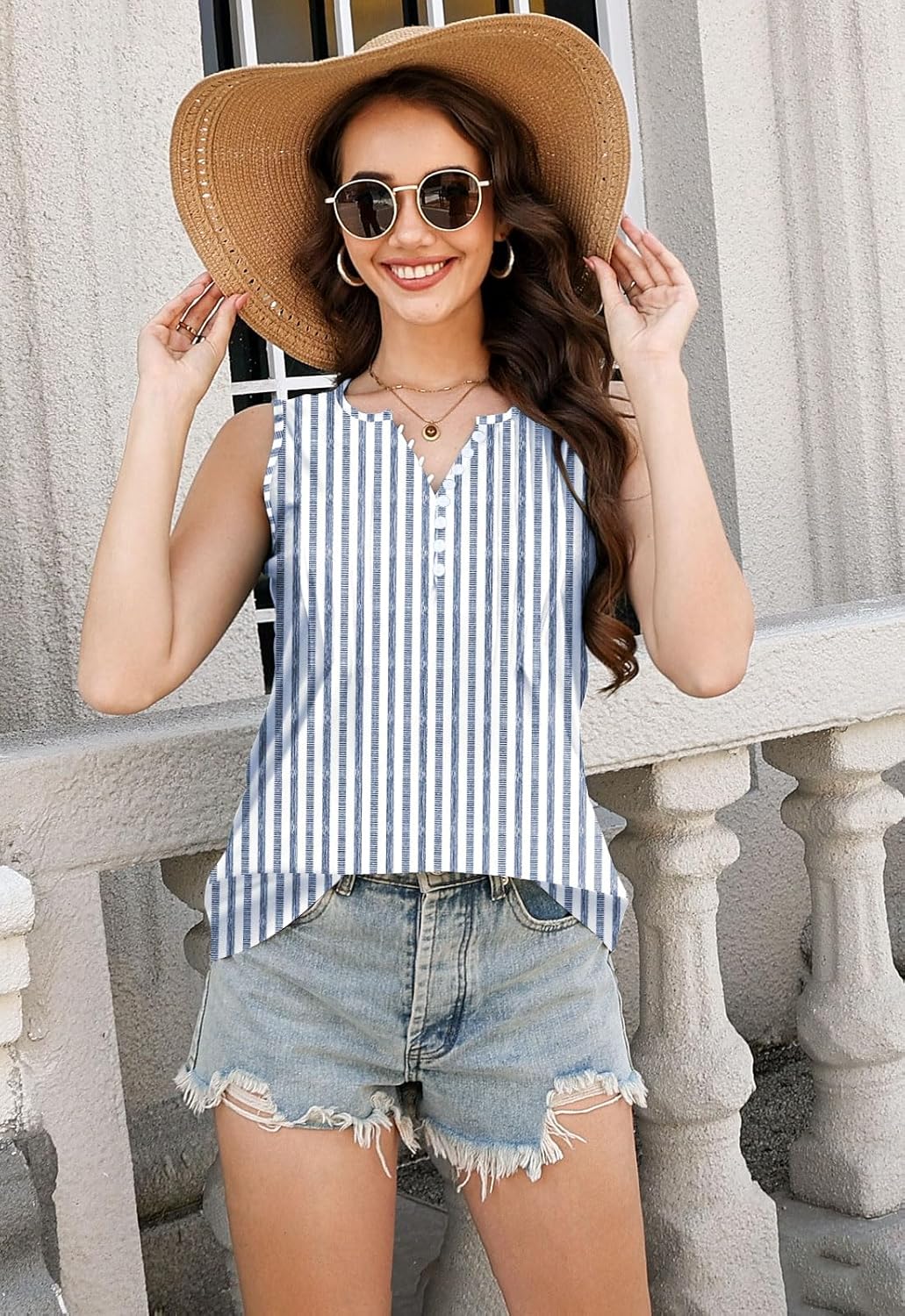 Tank Tops for Women 2026 Summer Top Pleated Shirts Dressy Casual Loose Fit V-Neck Button Down Sleeveless Tshirt Blouse - Image 4