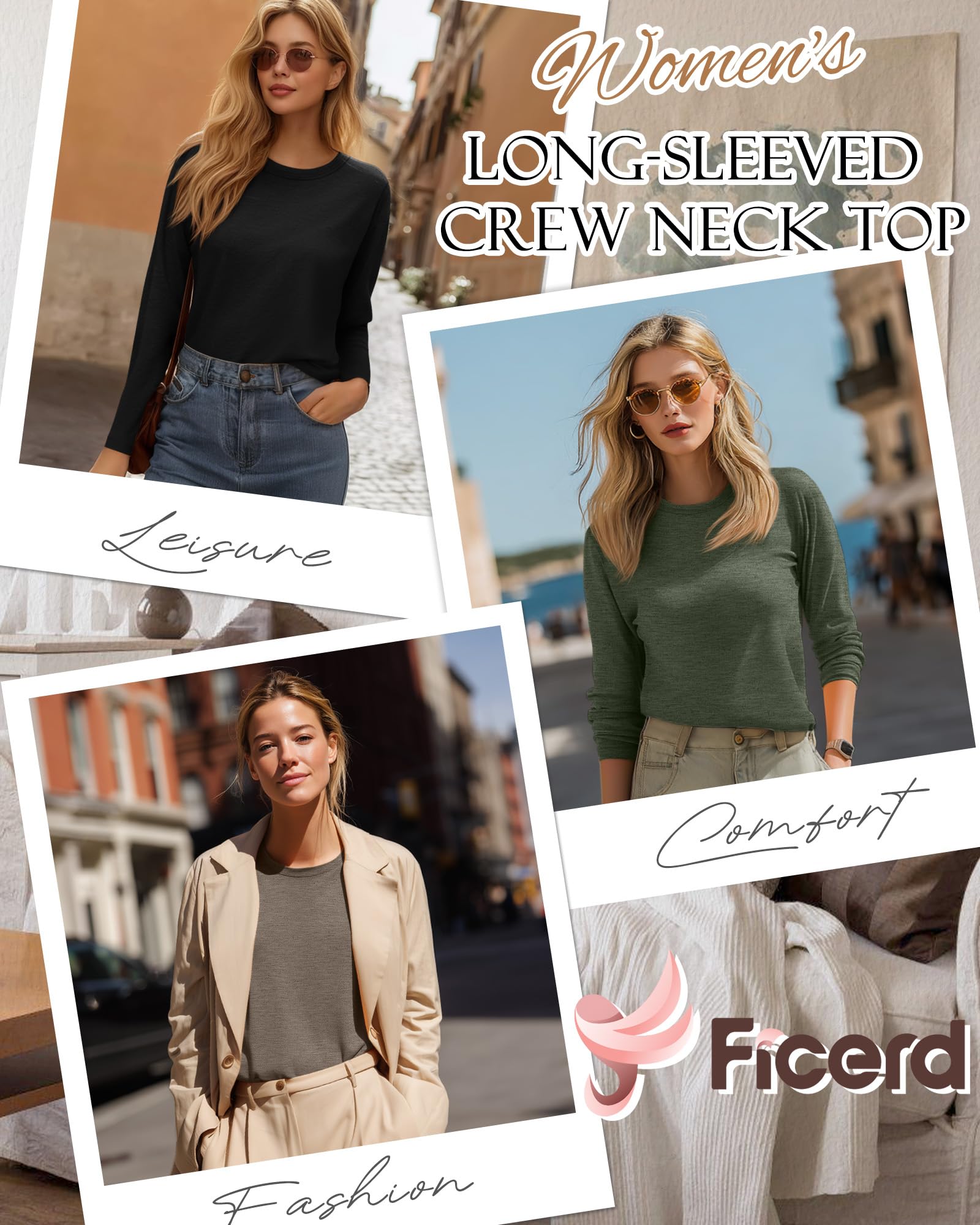 Ficerd 3 Pack Women's Long Sleeve T-Shirts Crew Neck Casual Loose Fit Tunic Fall Tops Regular Shoulder Basic Tee Outfits