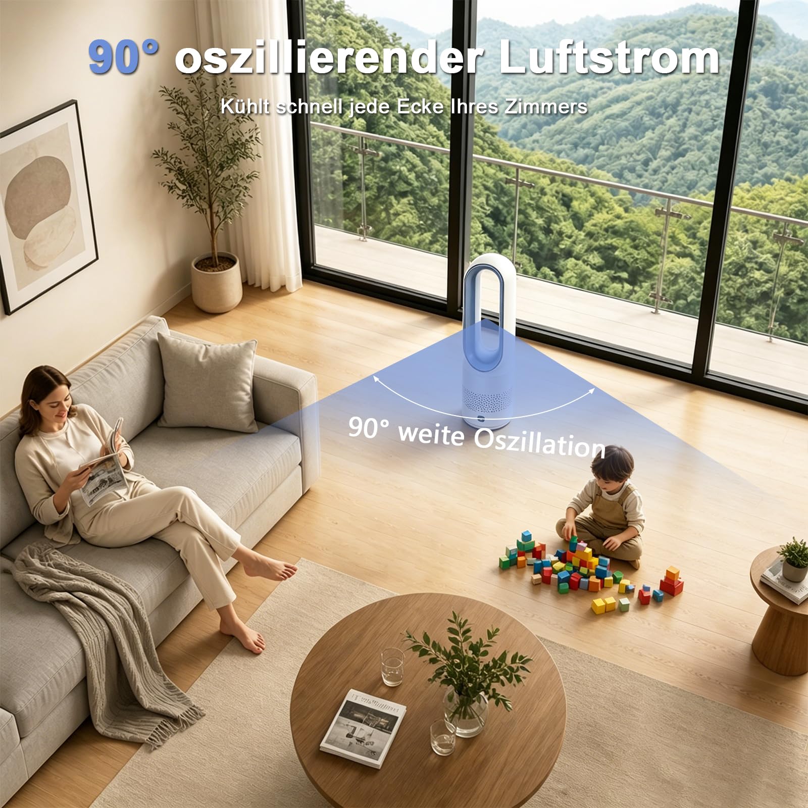 Rotorloser Ventilator mit Fernbedienung, Bladeless Fan, mobiles Klimagerät, 8 Gänge, 90° Oszillation, 30W, Blau