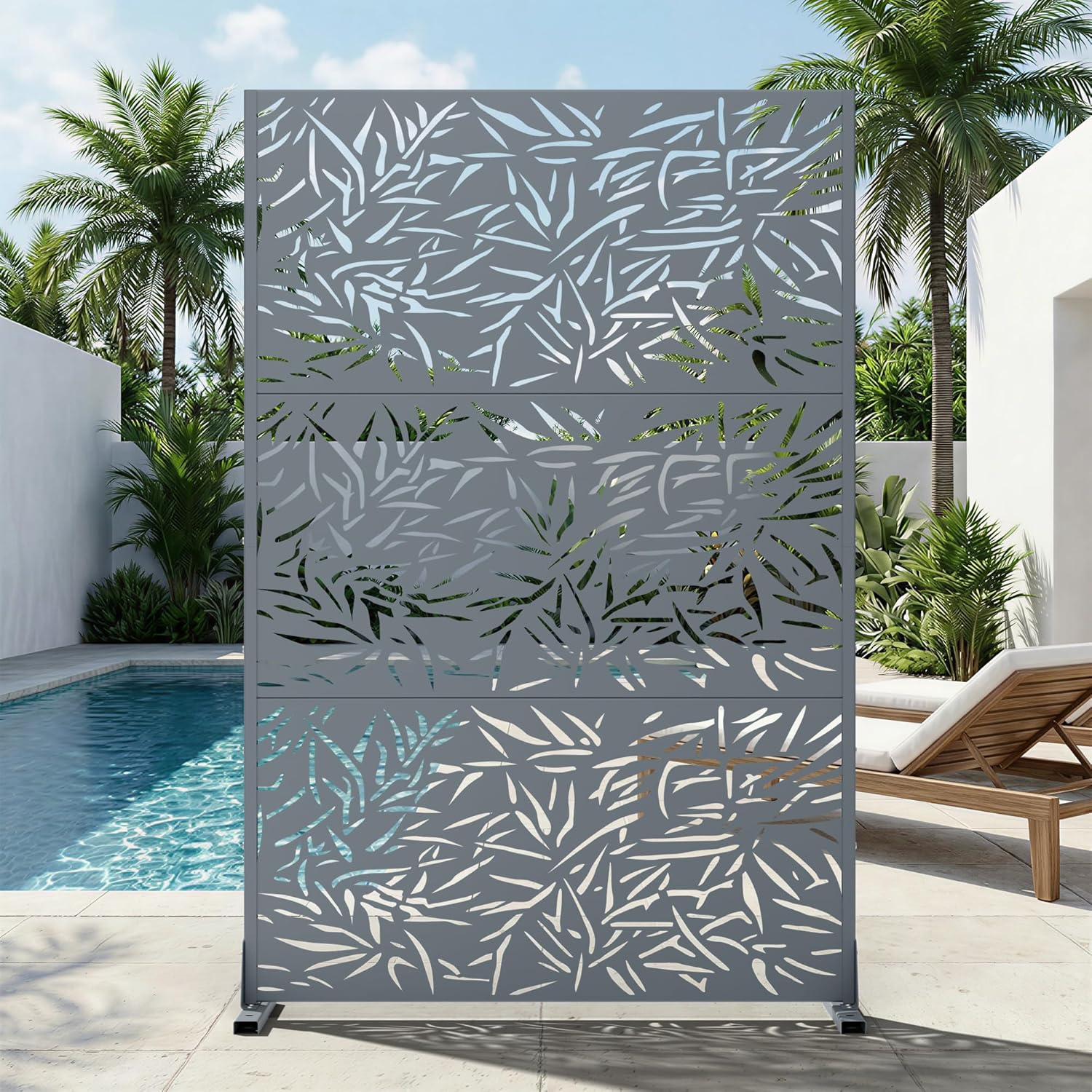 Casaphoria 72" H x 47" W Metal Outdoor Privacy Screen, Freestanding Decorative Divider for Patio, Deck, Balcony, and Garden with Stable Base, Darkgrey-Bamboo Leaves