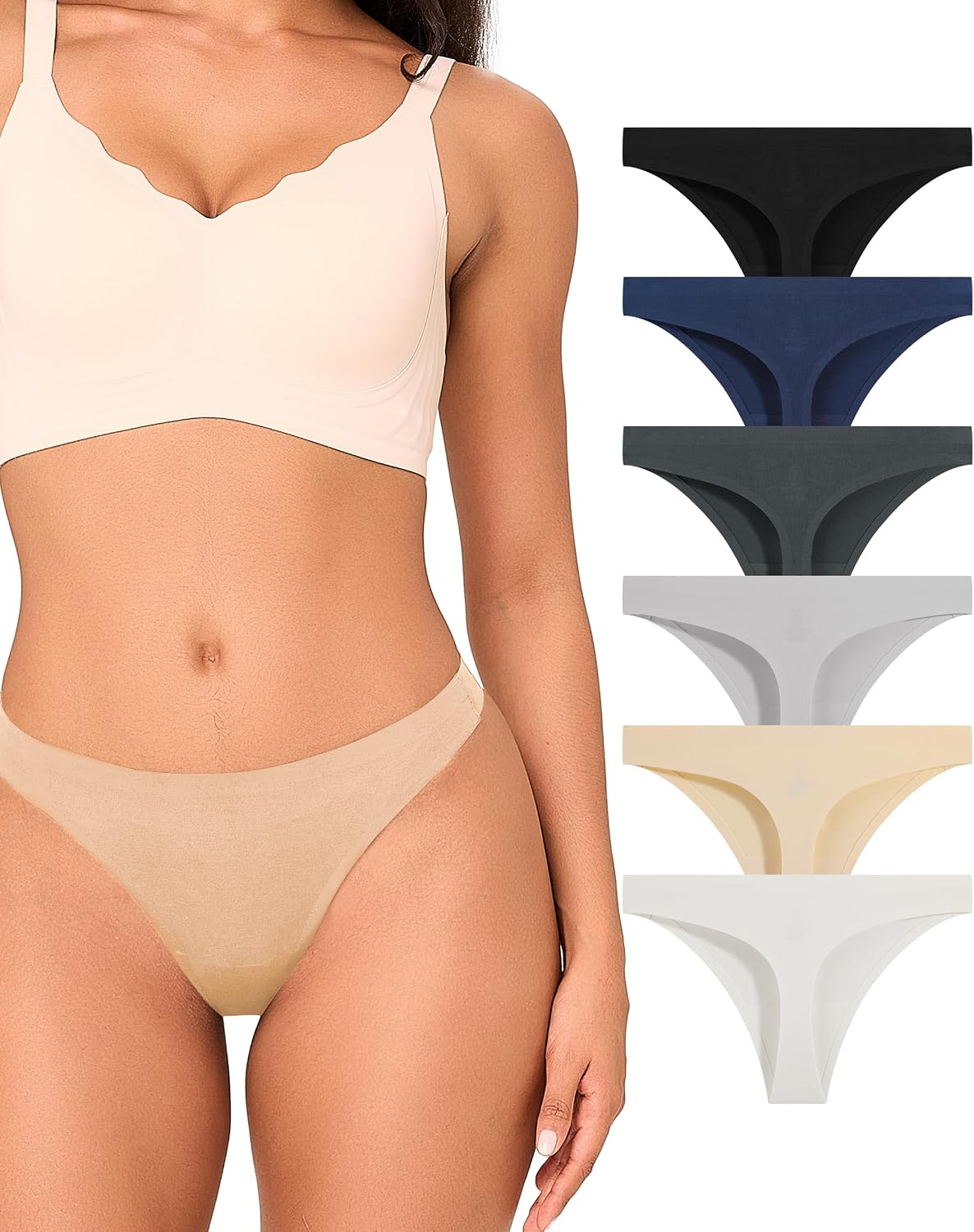 BAMBOO COOL Women's Thongs No Show G String Underwear Low Waisted Seamless Pantie Tagless 6 Pack