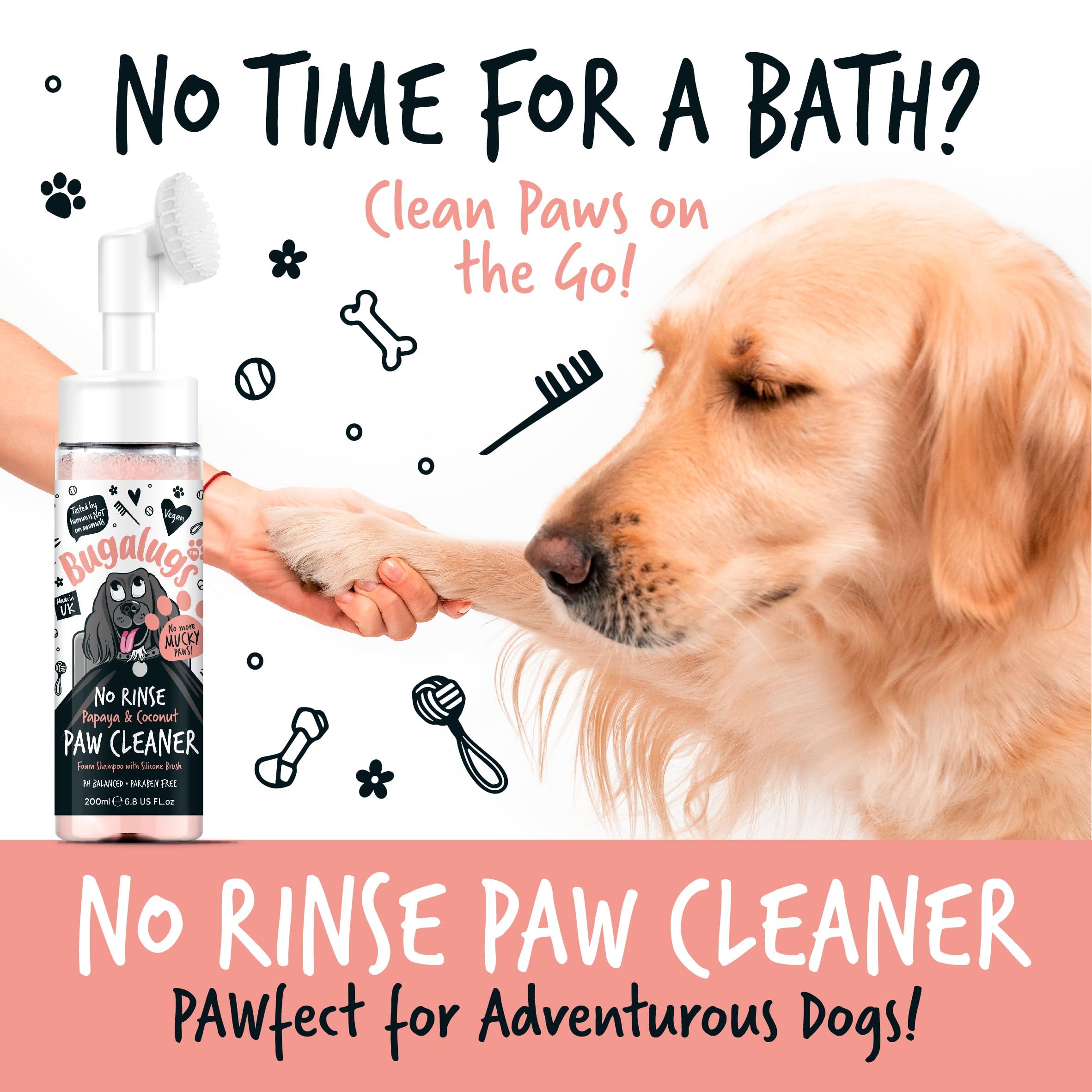 Bugalugs Dog Paw Cleaner No Rinse Foam Cat & Dog shampoo with Silicone Brush Head - Image 3