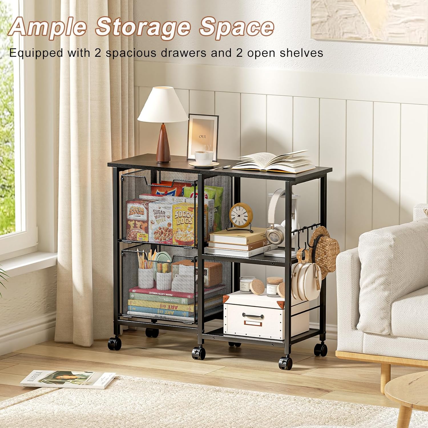 2 Drawer File Cabinet, Lateral Filing Cabinet, Rolling Printer Cabinet Cart with Open Storage Shelf, Office Storage with Wheels, Home Furniture, Black image 9 of 9 B0F9W3HD2H