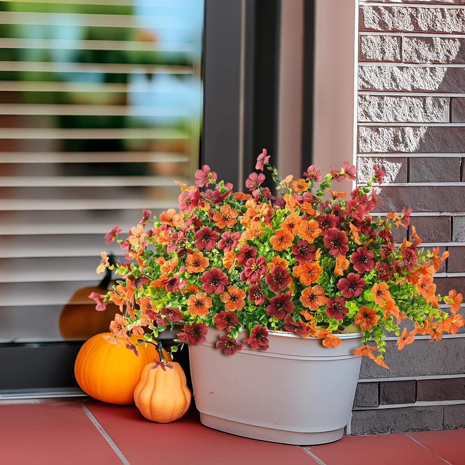 Artificial Fake Hanging Plants Flowers Basket, Faux Silk Daisy in Planter Realistic UV Resistant for Outside Home Patio Balcony Yard Mums Autumn Outdoor Decoration (Orange Brown) - Image 7