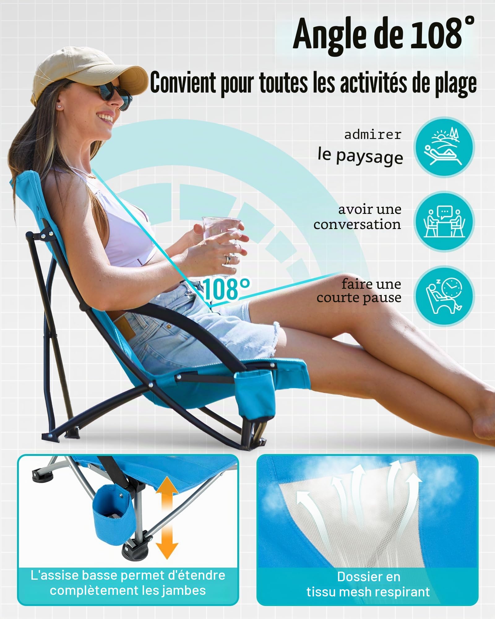 KingCamp Chaise de Plage Basse Pliante Capacité 180kg Stabilité à Double Support Vertical, Siège Extra Large et Dossier en Tissu Respirant, Siège Portable pour Camping, Pique-Nique, Festival Bleu