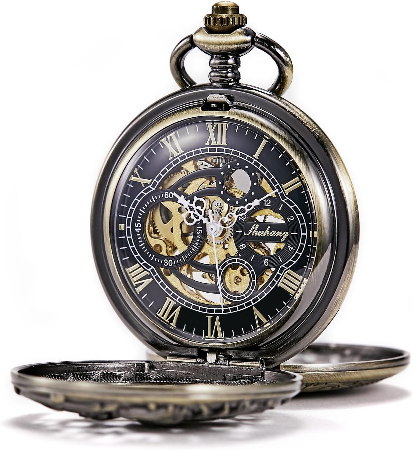 Men's Antique Bronze/Silver Dragon Mechanical Skeleton Pocket Watch for Women with Chain