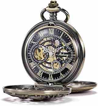 TREEWETO Antique Mécanique Montre De Poche Chanceux Dragon Cadran Squelette Avec Chaîne Pour Les Hommes Femmes + Coffret