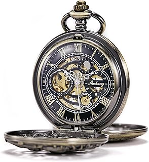 Orologio da taschino unisex con catena analogica a carica manuale, doppia cerniera con drago antico, in bronzo