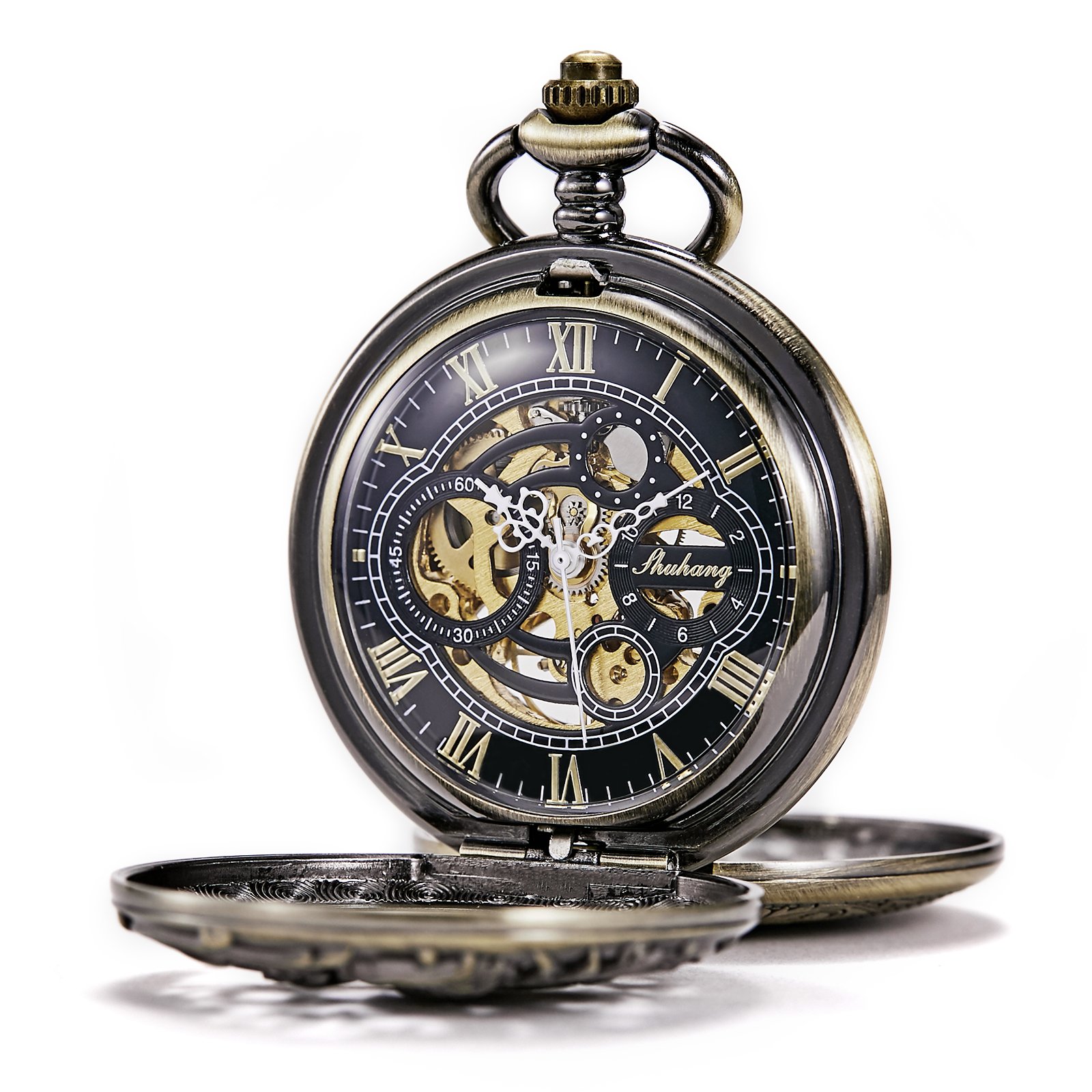 Men's Antique Bronze/Silver Dragon Mechanical Skeleton Pocket Watch for Women with Chain
