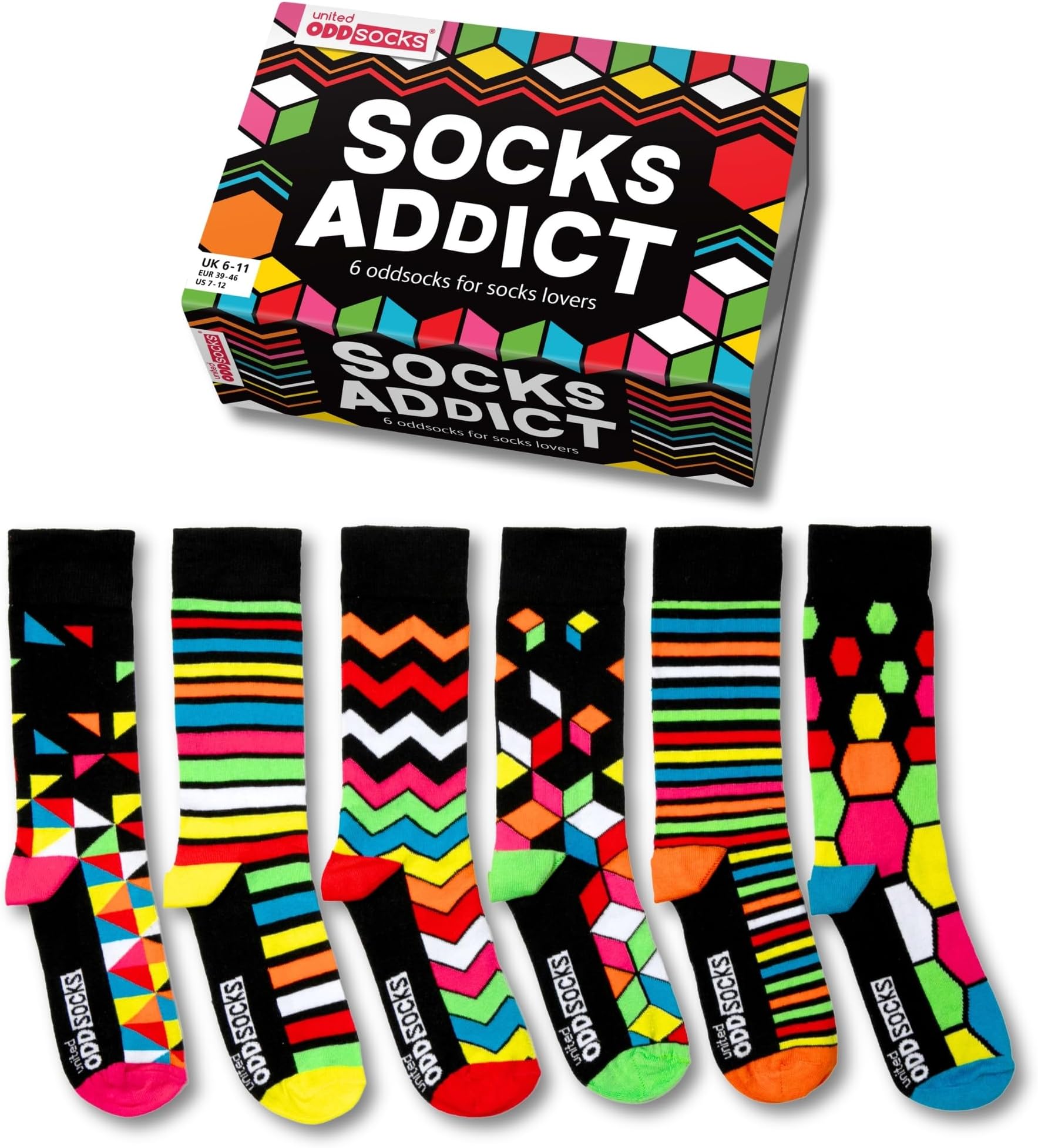 United Oddsocks Socks Addict – 6 Unique and Quirky Mix & Match Novelty Socks for Men, Gift Box, Fun and Playful Present for Sock Lovers, Birthday, Christmas, Father’s Day - UK 6-11, EUR 39-46, US 7-12