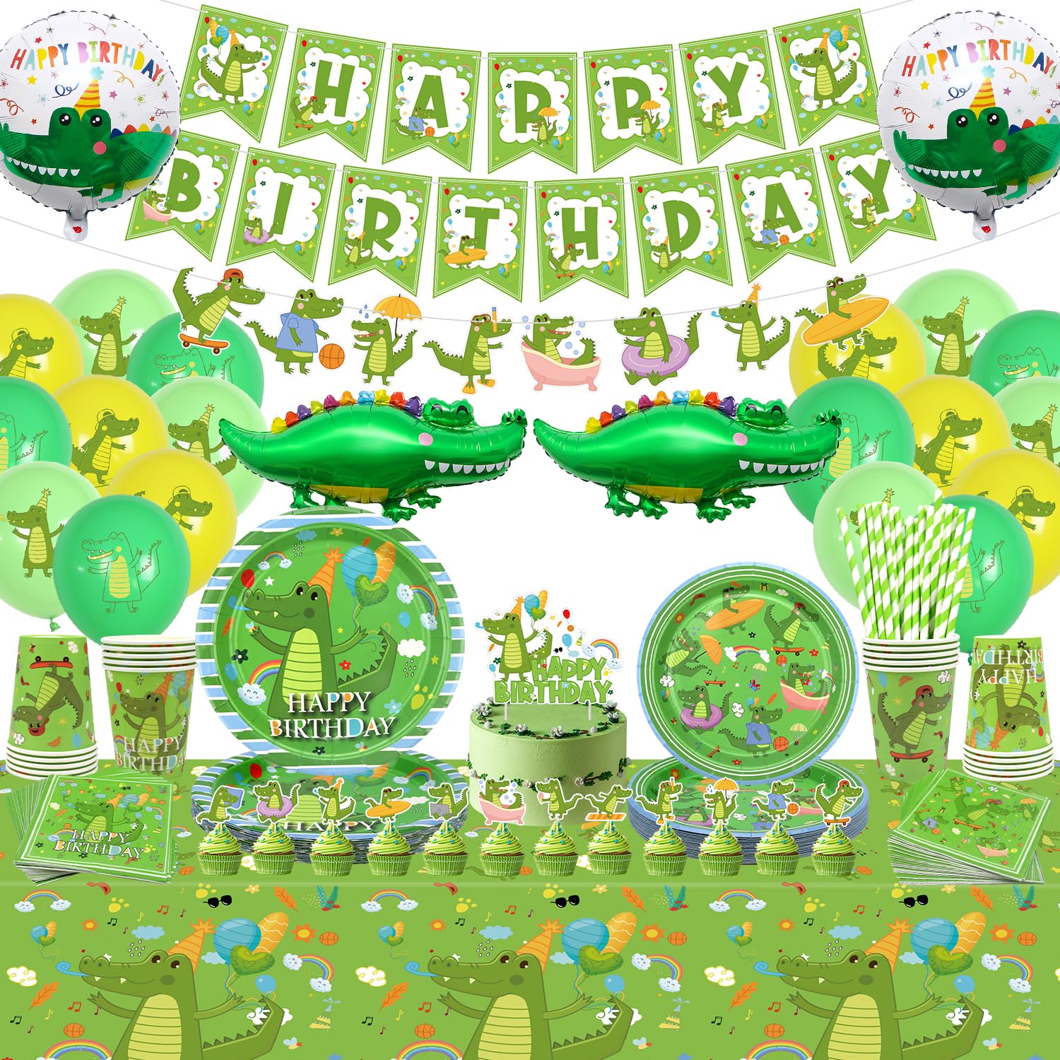 LSJDEERCrocodile Birthday Party Supplies - Crocodile Banner, Cake Topper, Plates, Cups, Napkins, Tablecloth, Balloons for Reptile Alligator Party Boy Kids