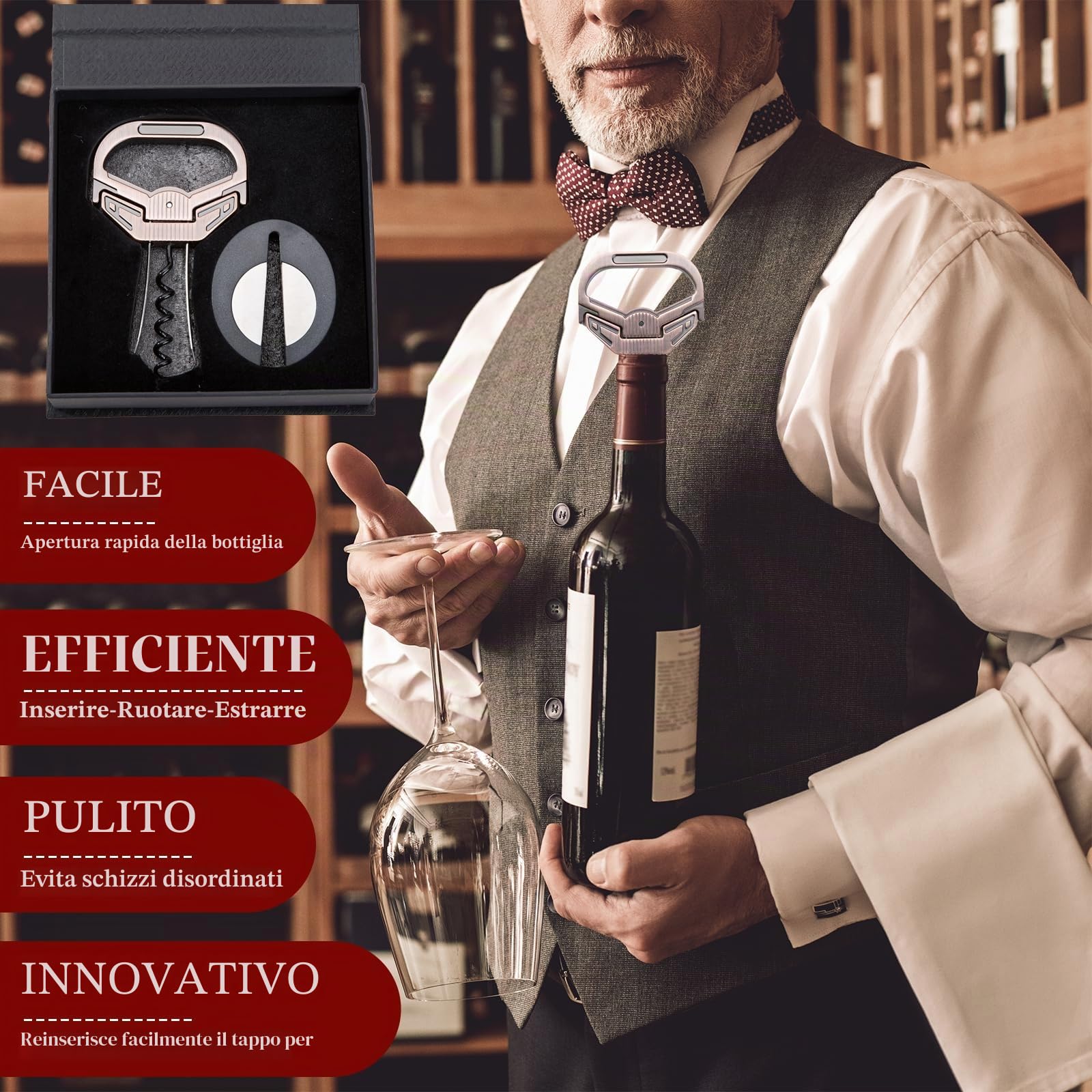 Ah So - Set di apribottiglie per vino con tagliacapsule, cavatappi per vini antichi, 2 denti, apribottiglie in acciaio inox, set regalo per gli amanti del vino