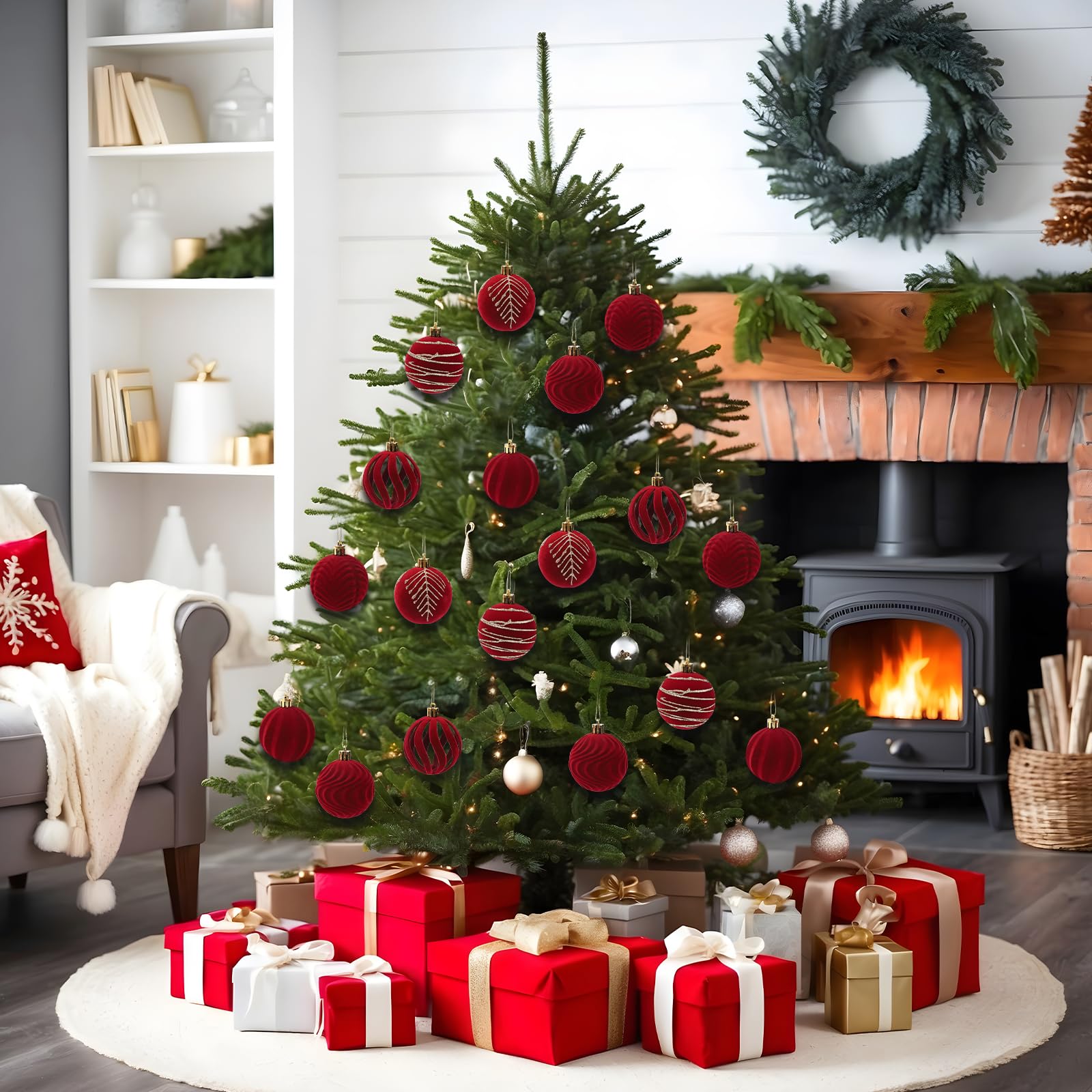 Palline di Natale in velluto, 30 pezzi, 6 cm, decorazioni per albero, set di palline floccate da appendere per vacanze, matrimoni, feste di compleanno (rosso)