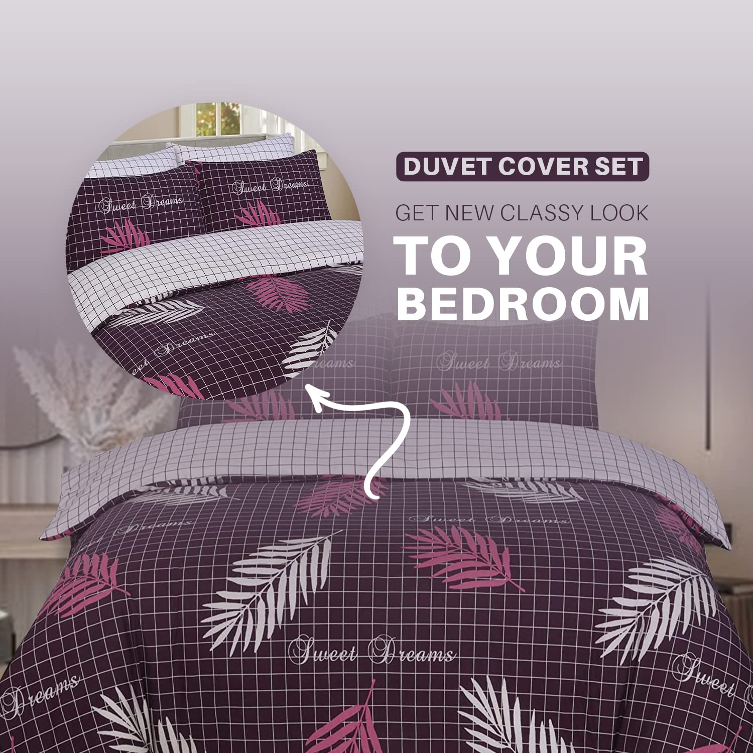 Indus Textiles 100% Pure Cotton Reversible Patterned Duvet Cover Sets Sweet Dream, Double, Sweet Dreams Aubergine - Image 2